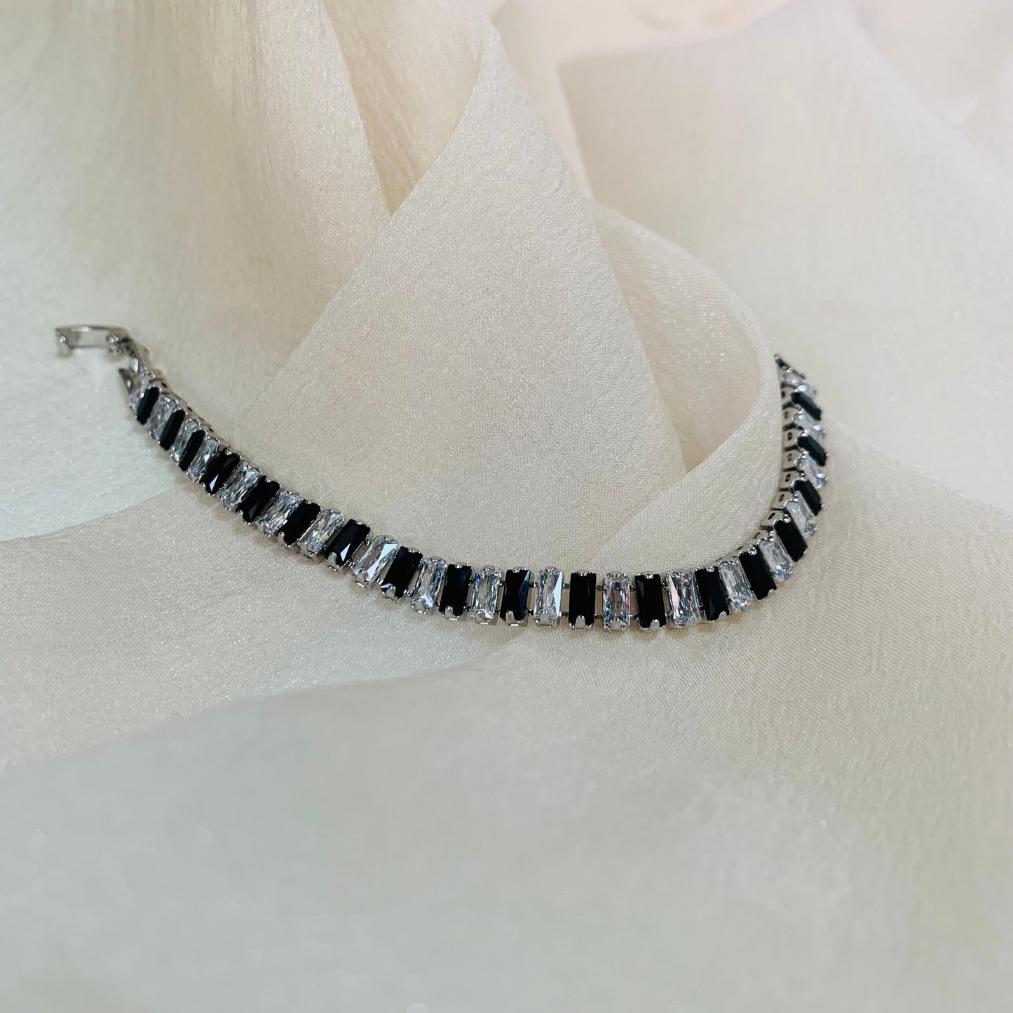 Black & White Baguette CZ Tennis Bracelet 6.3 inches | Minimalist Bridal Jewelry