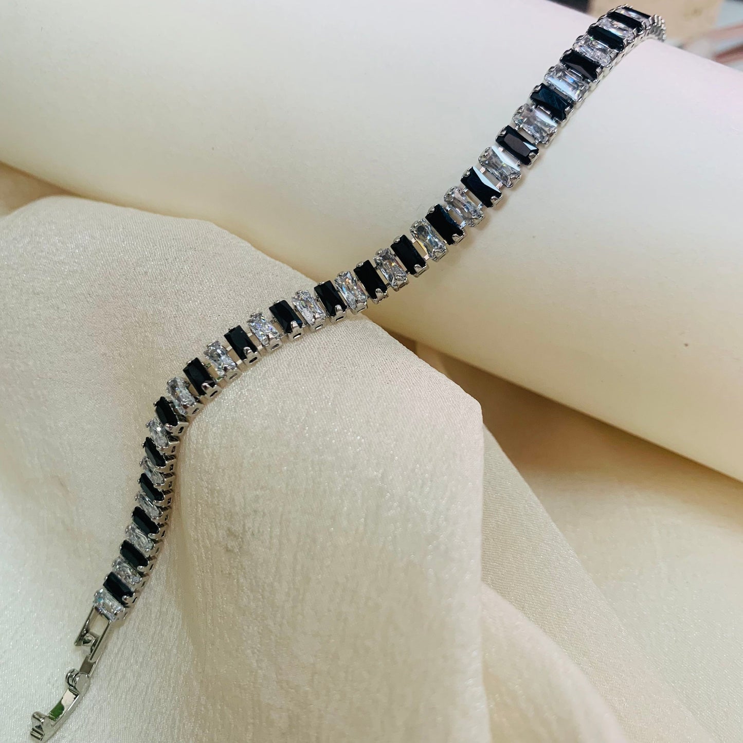 Black & White Baguette CZ Tennis Bracelet 6.3 inches | Minimalist Bridal Jewelry