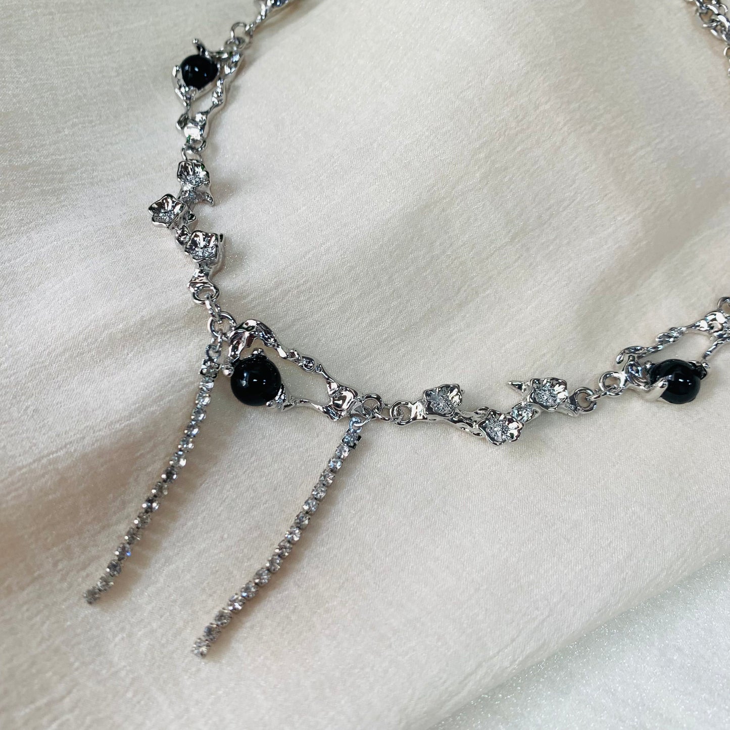 Dainty Punk Style with Black CZ Beads & Short Tassel Drops | Silver Gift For Her