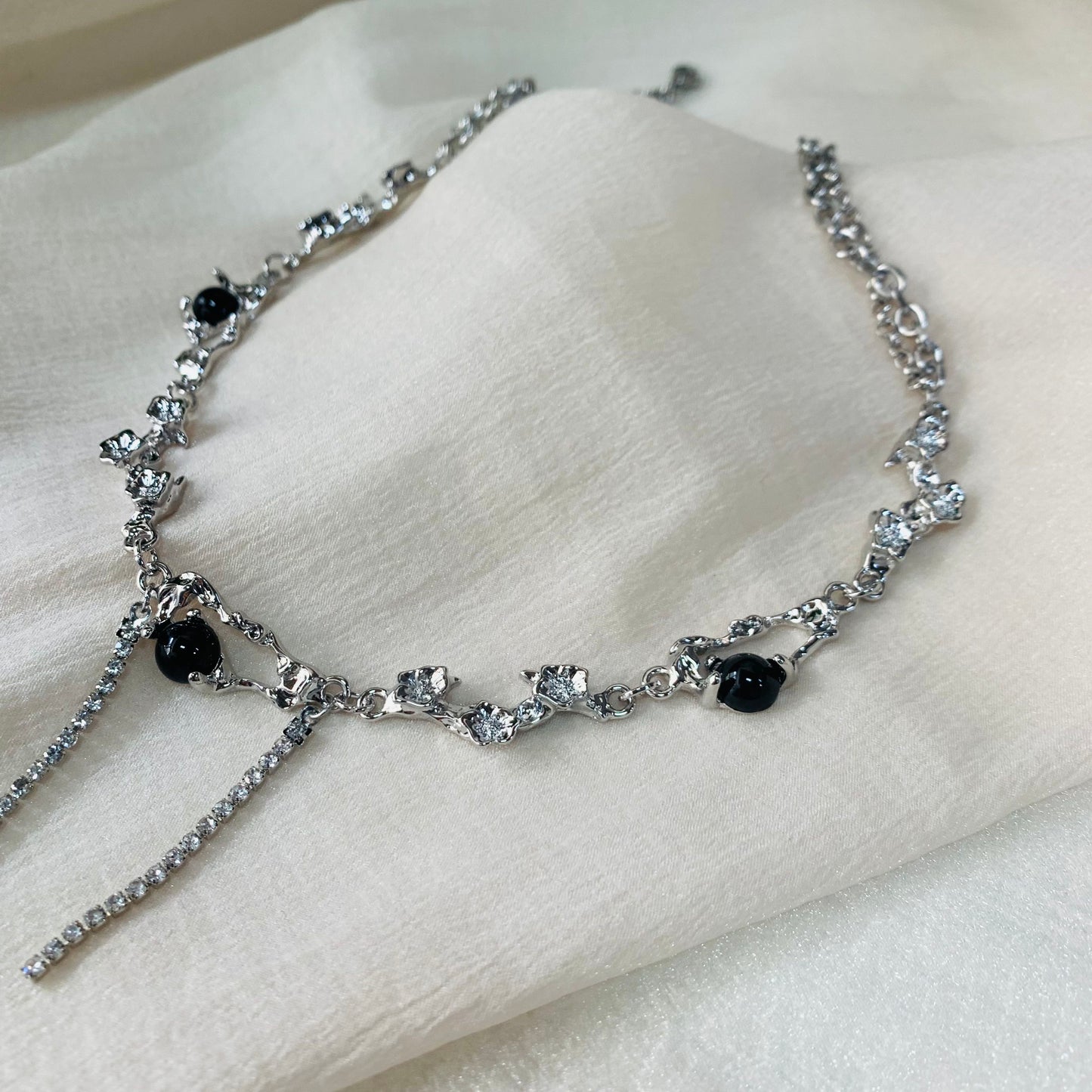 Dainty Punk Style with Black CZ Beads & Short Tassel Drops | Silver Gift For Her