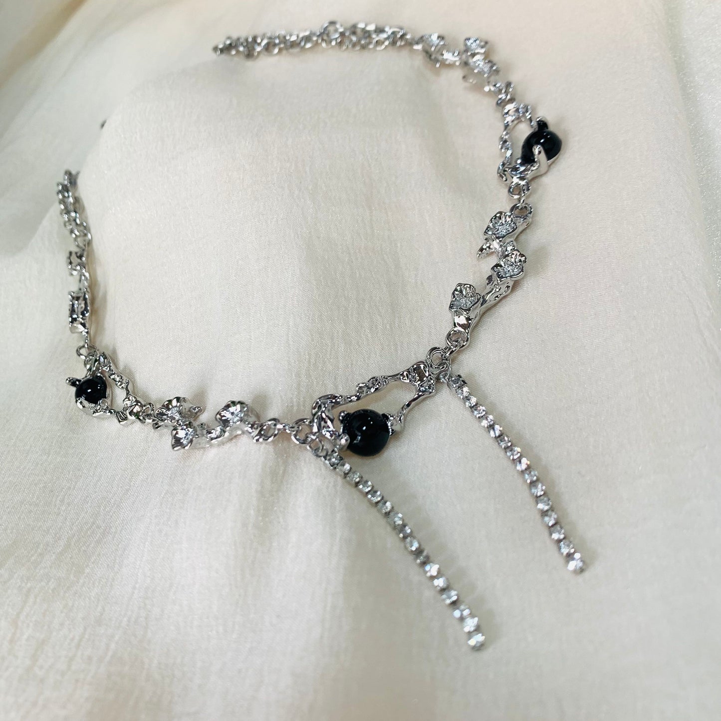 Dainty Punk Style with Black CZ Beads & Short Tassel Drops | Silver Gift For Her
