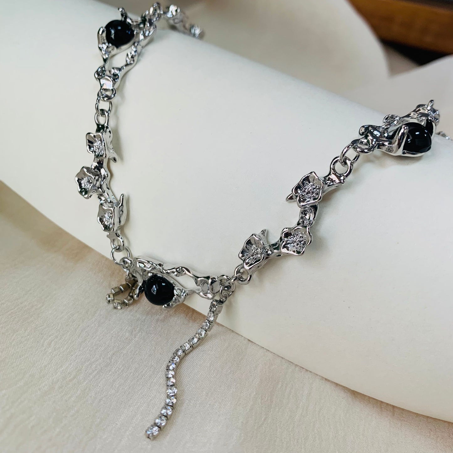 Dainty Punk Style with Black CZ Beads & Short Tassel Drops | Silver Gift For Her