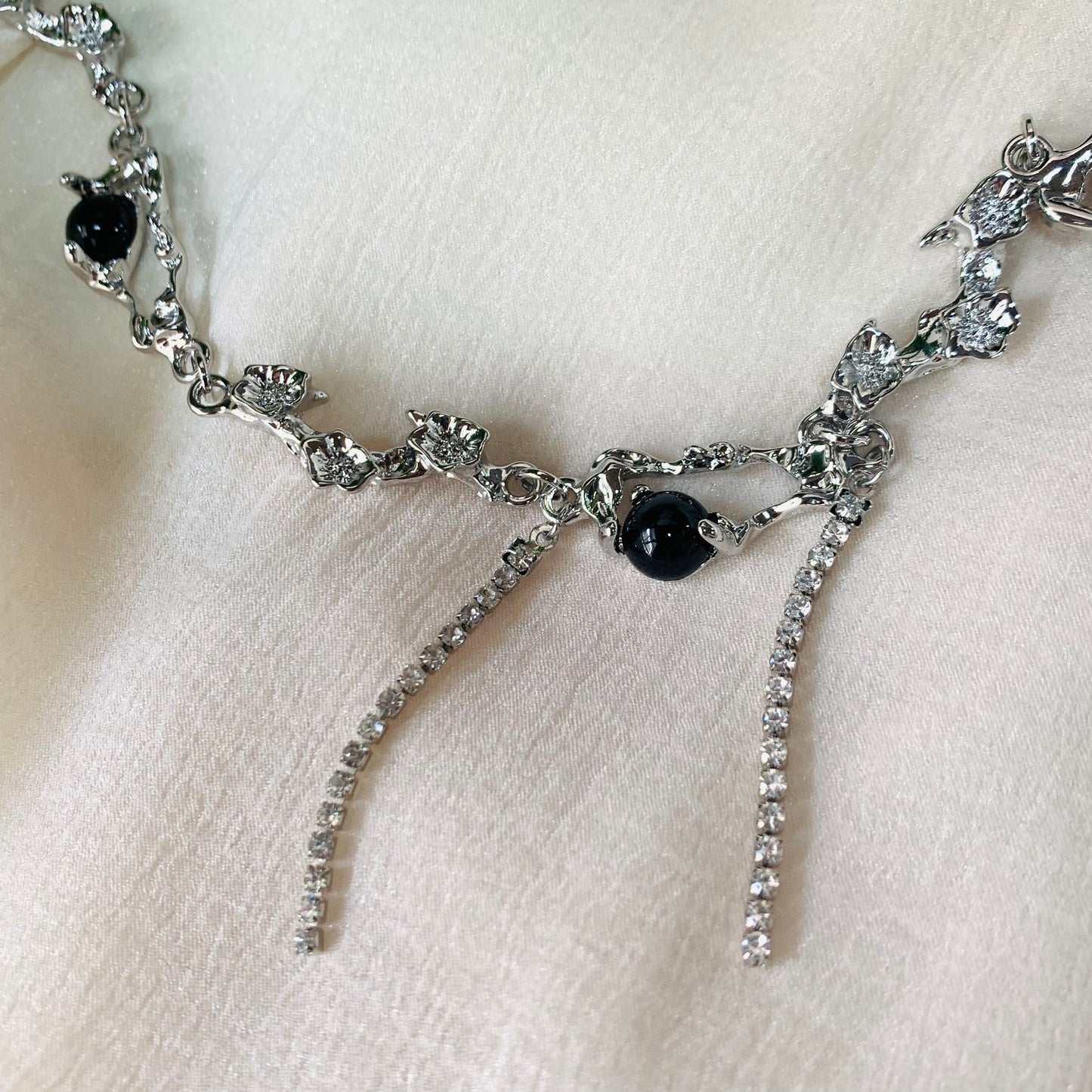Dainty Punk Style with Black CZ Beads & Short Tassel Drops | Silver Gift For Her