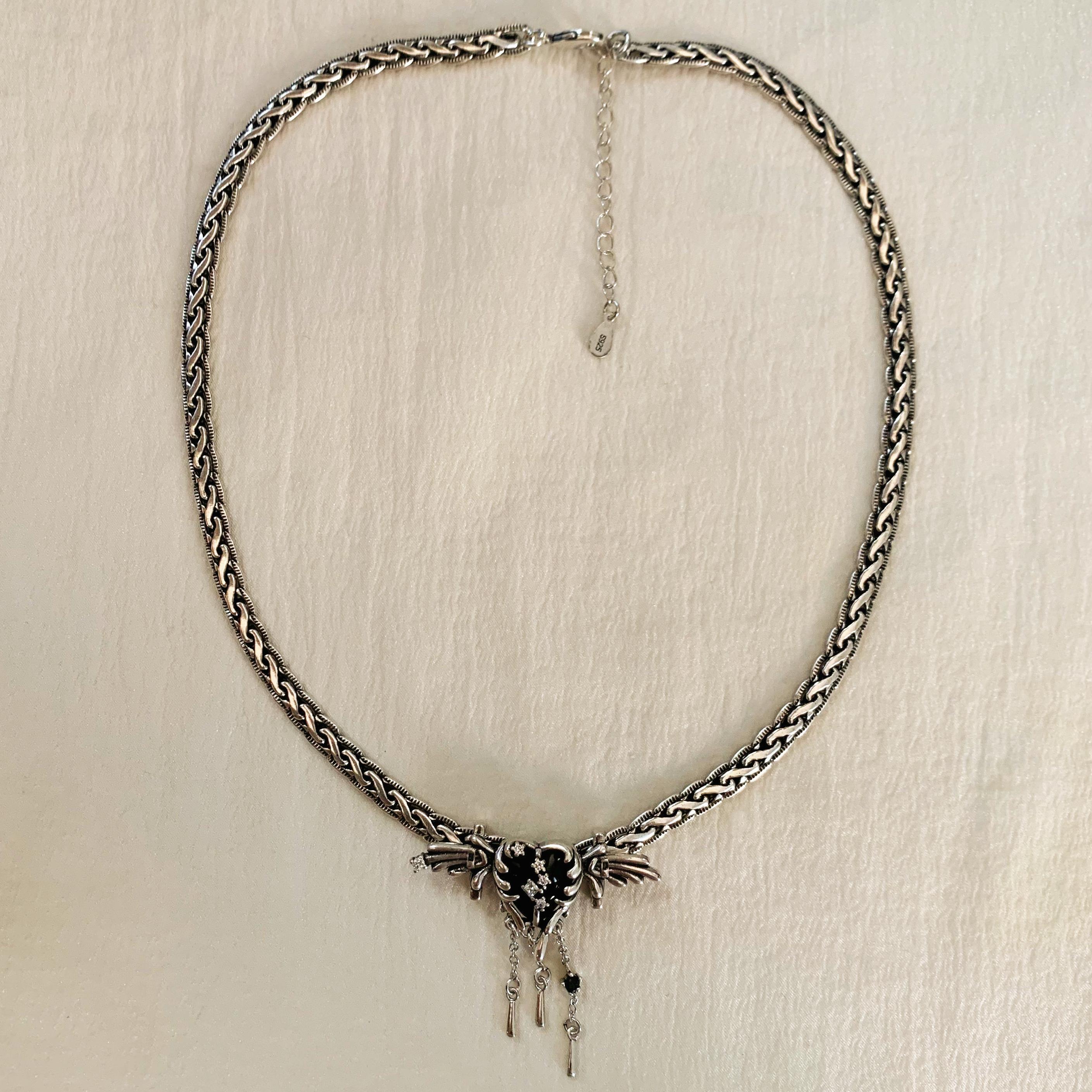 Silver Gothic Wings Heart Necklace