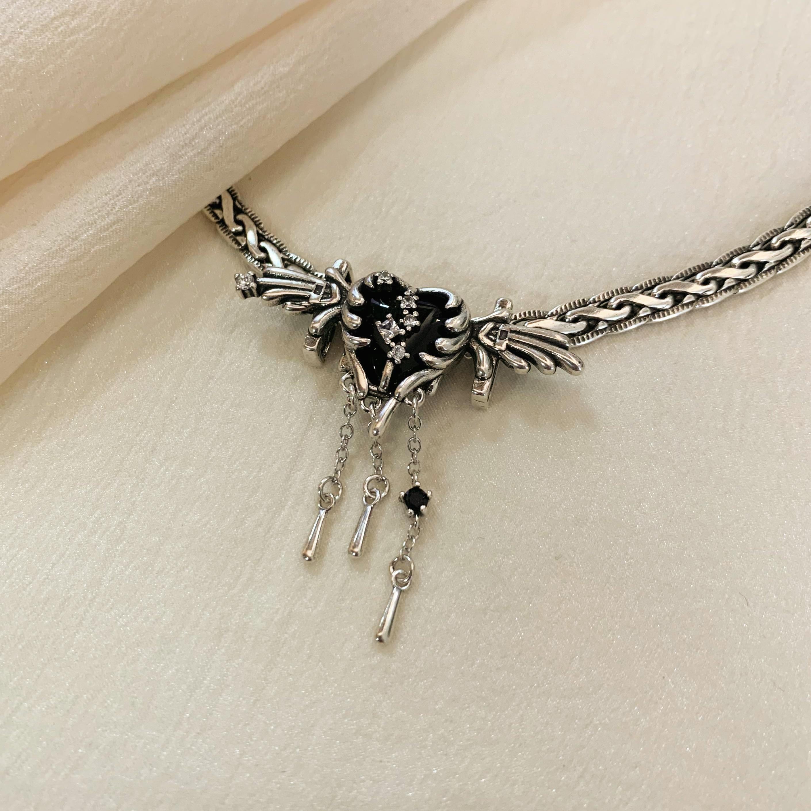 Silver Gothic Wings Heart Necklace