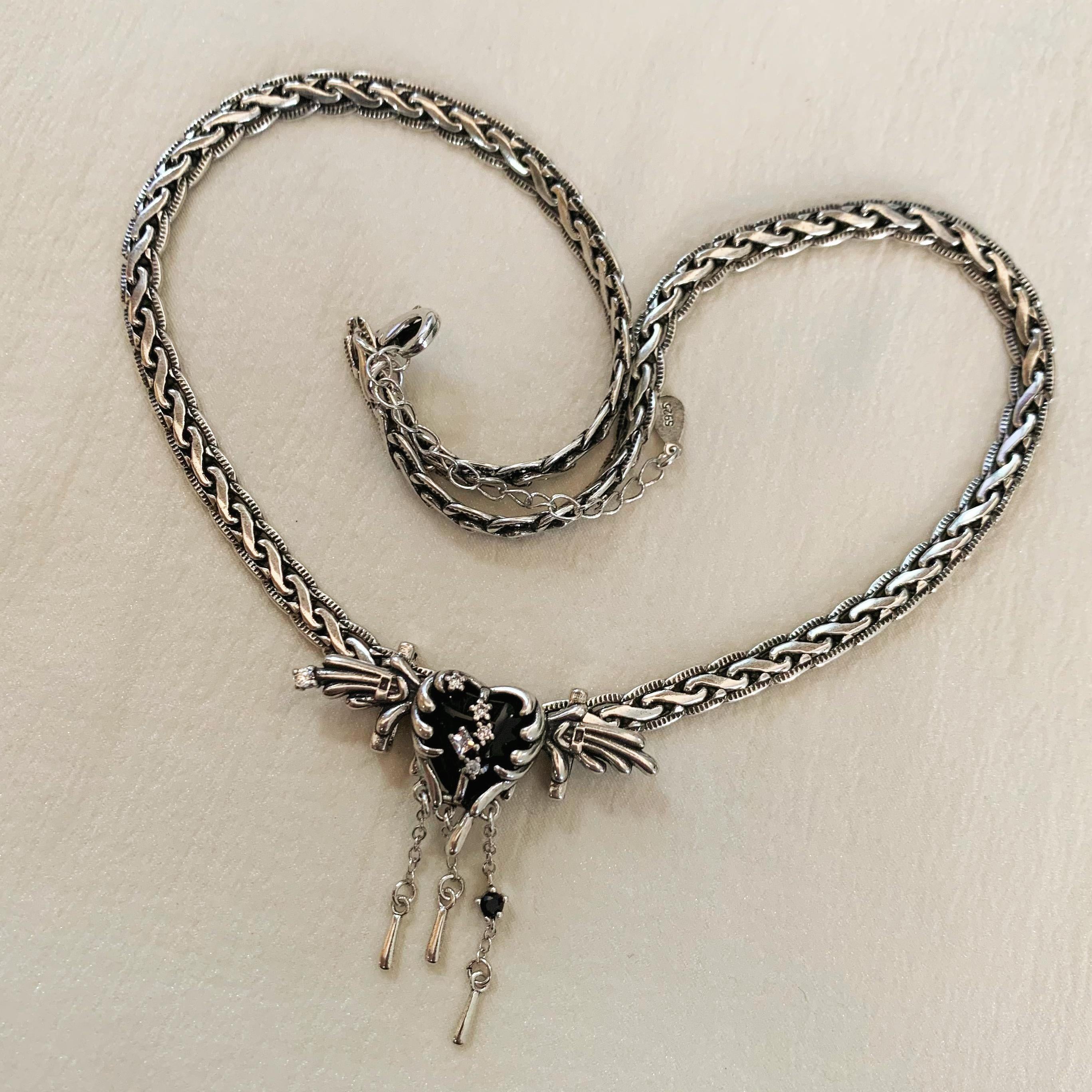 Silver Gothic Wings Heart Necklace