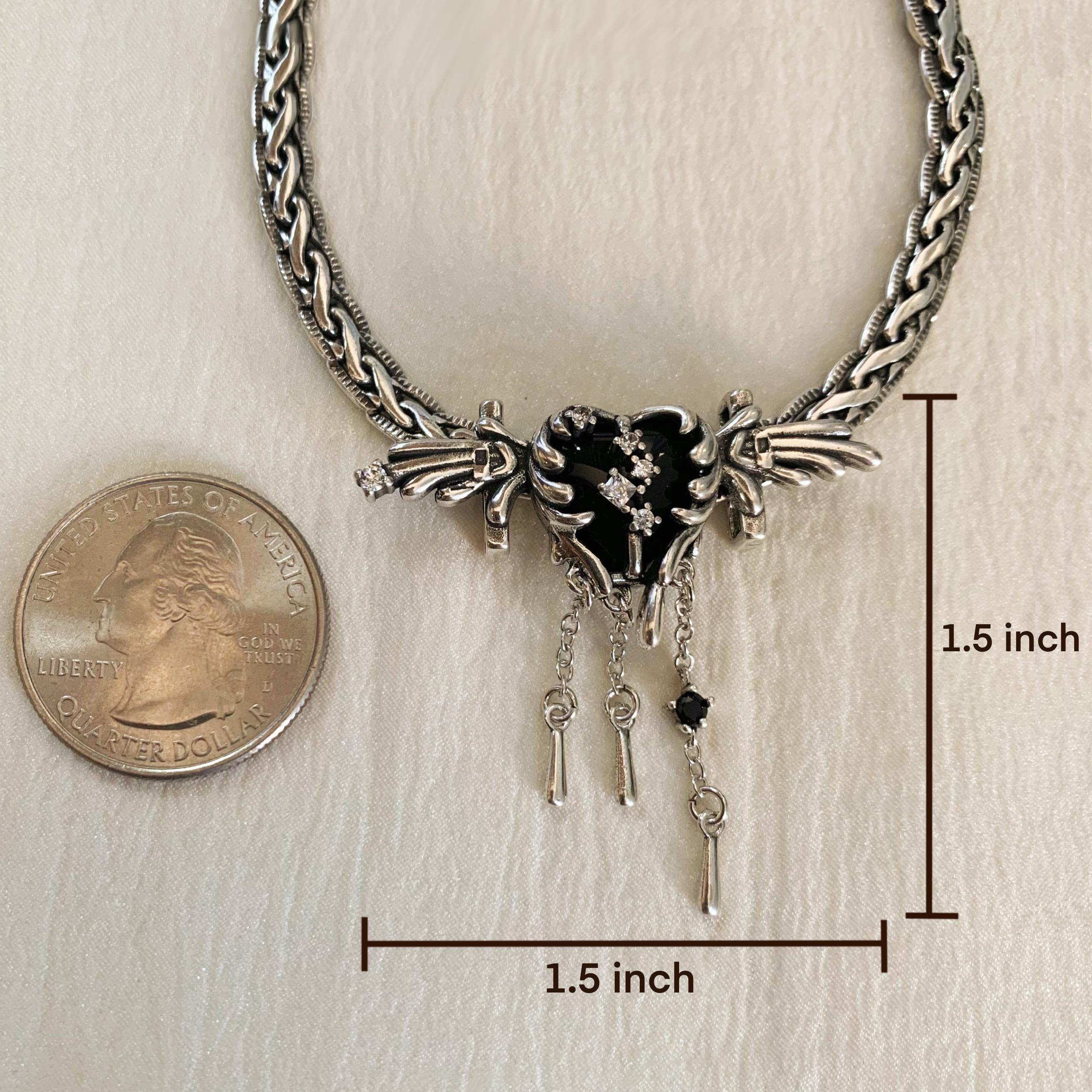 Silver Gothic Wings Heart Necklace