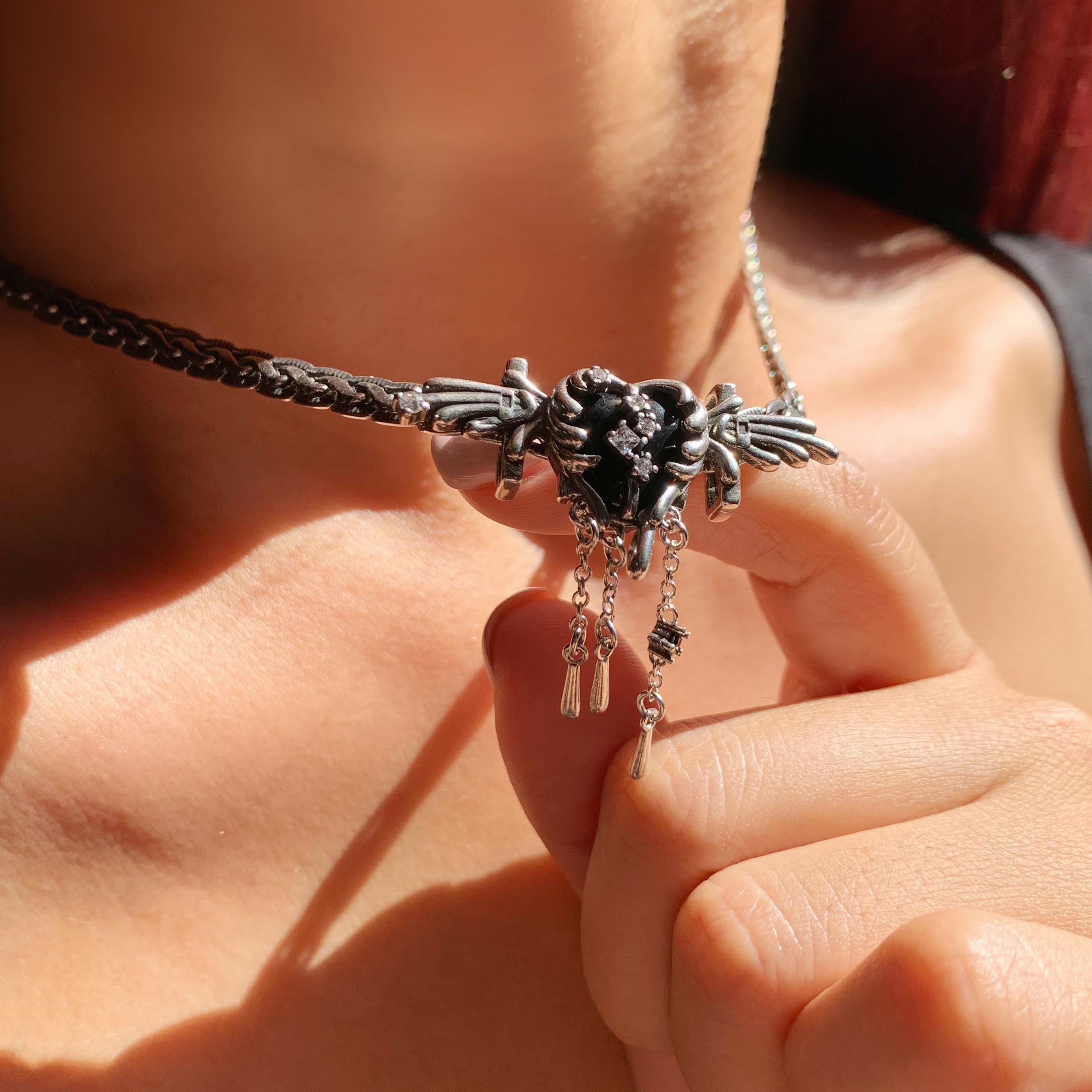 Silver Gothic Wings Heart Necklace