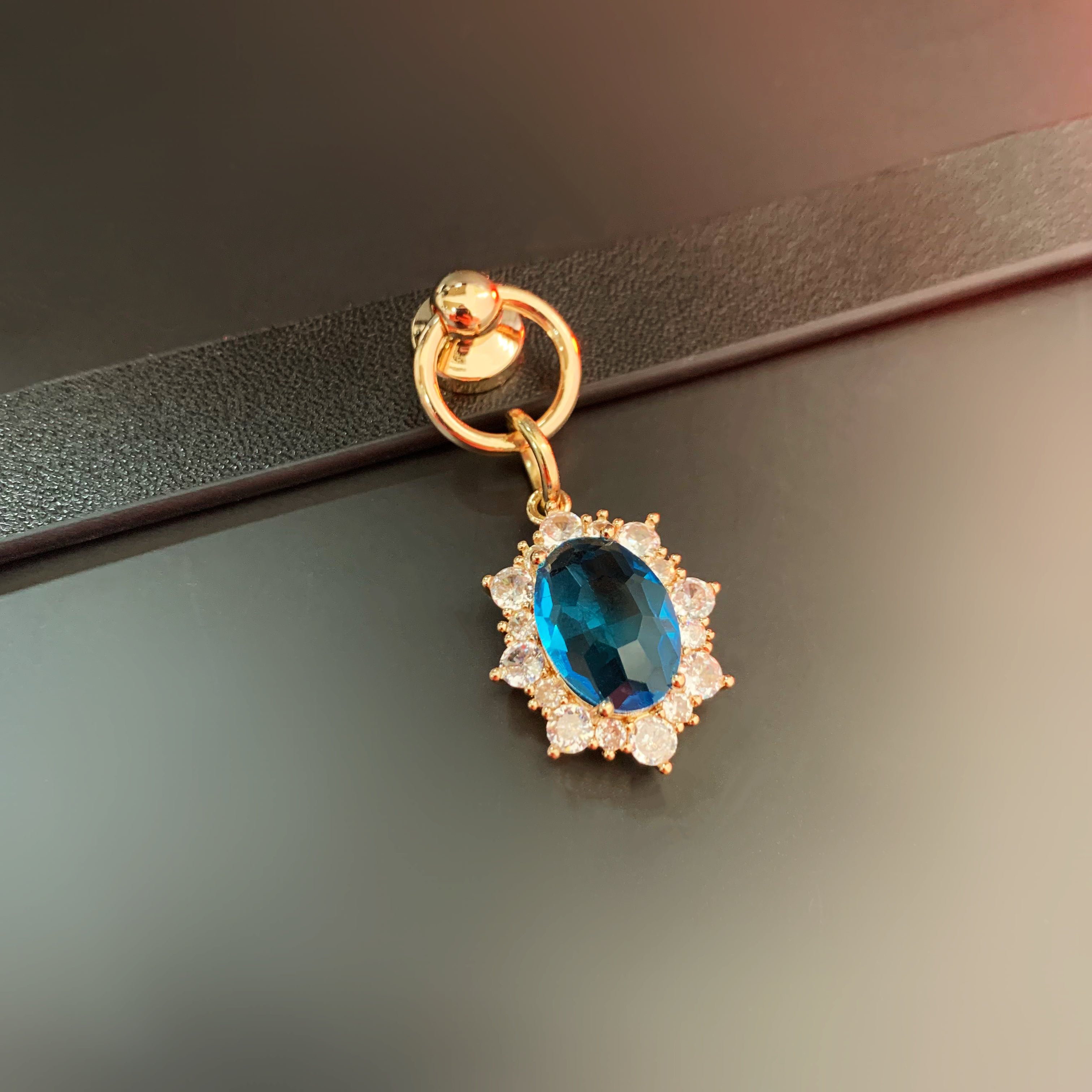 Black Blue Leather Choker & Gold Chain Leash Set