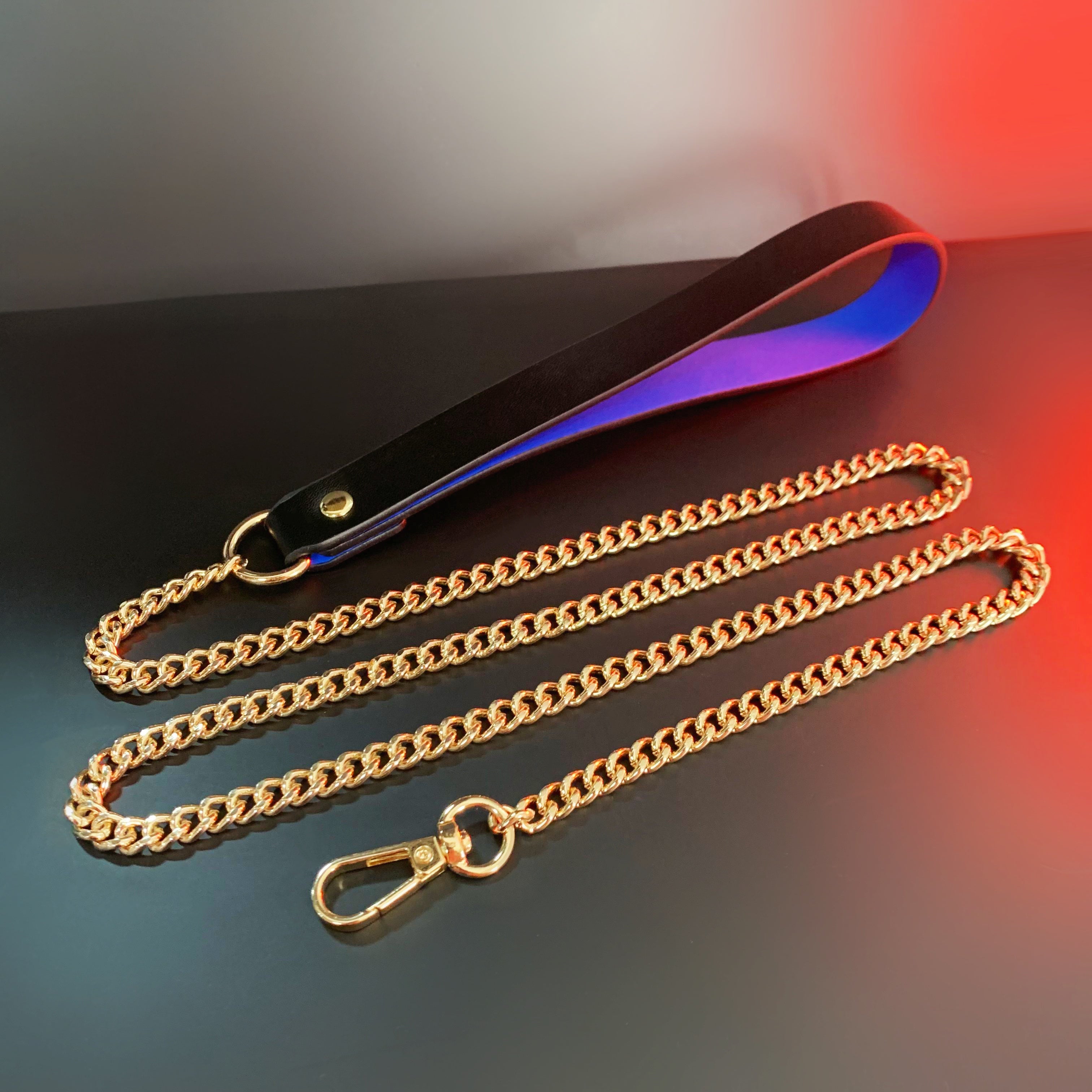 Black Blue Leather Choker & Gold Chain Leash Set