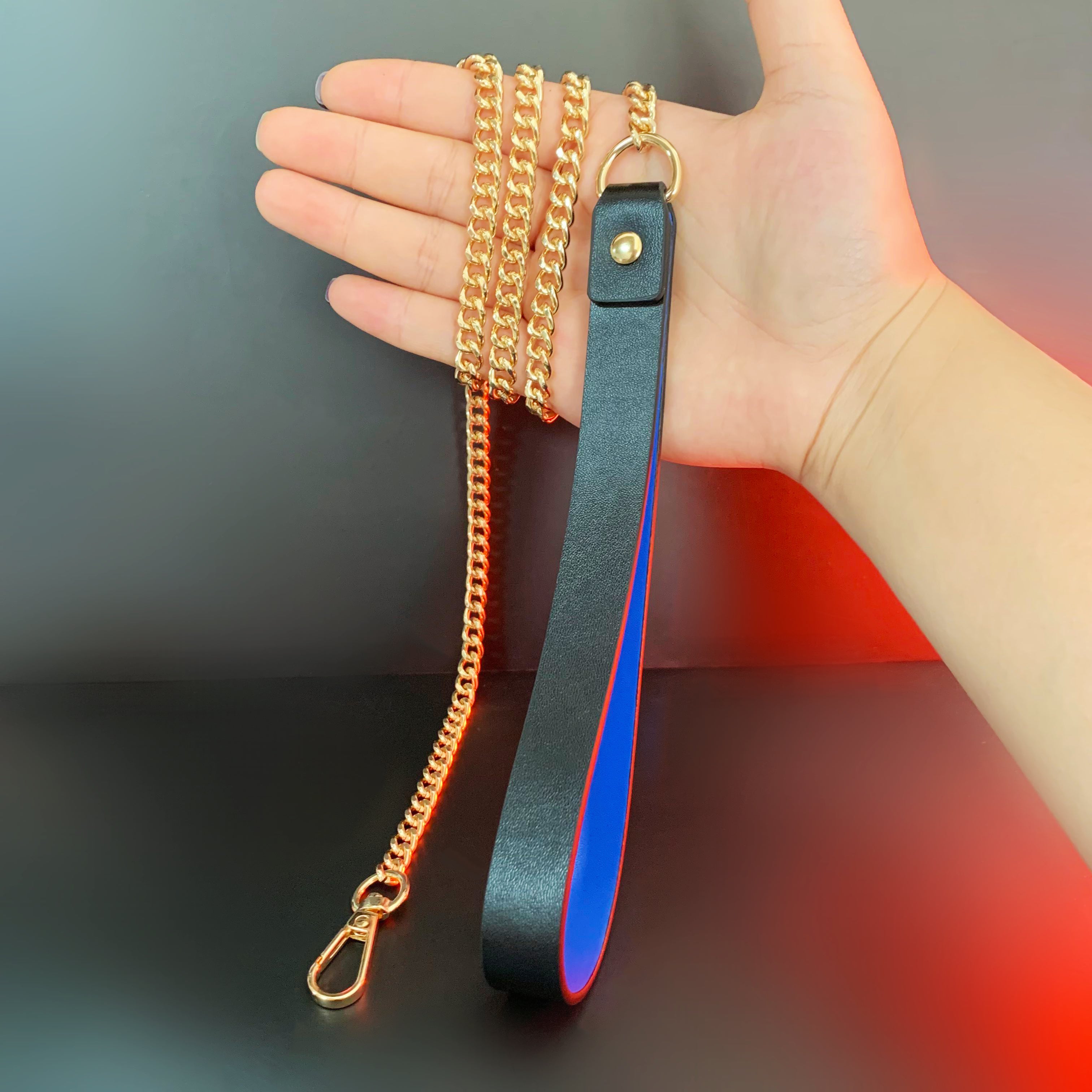 Black Blue Leather Choker & Gold Chain Leash Set