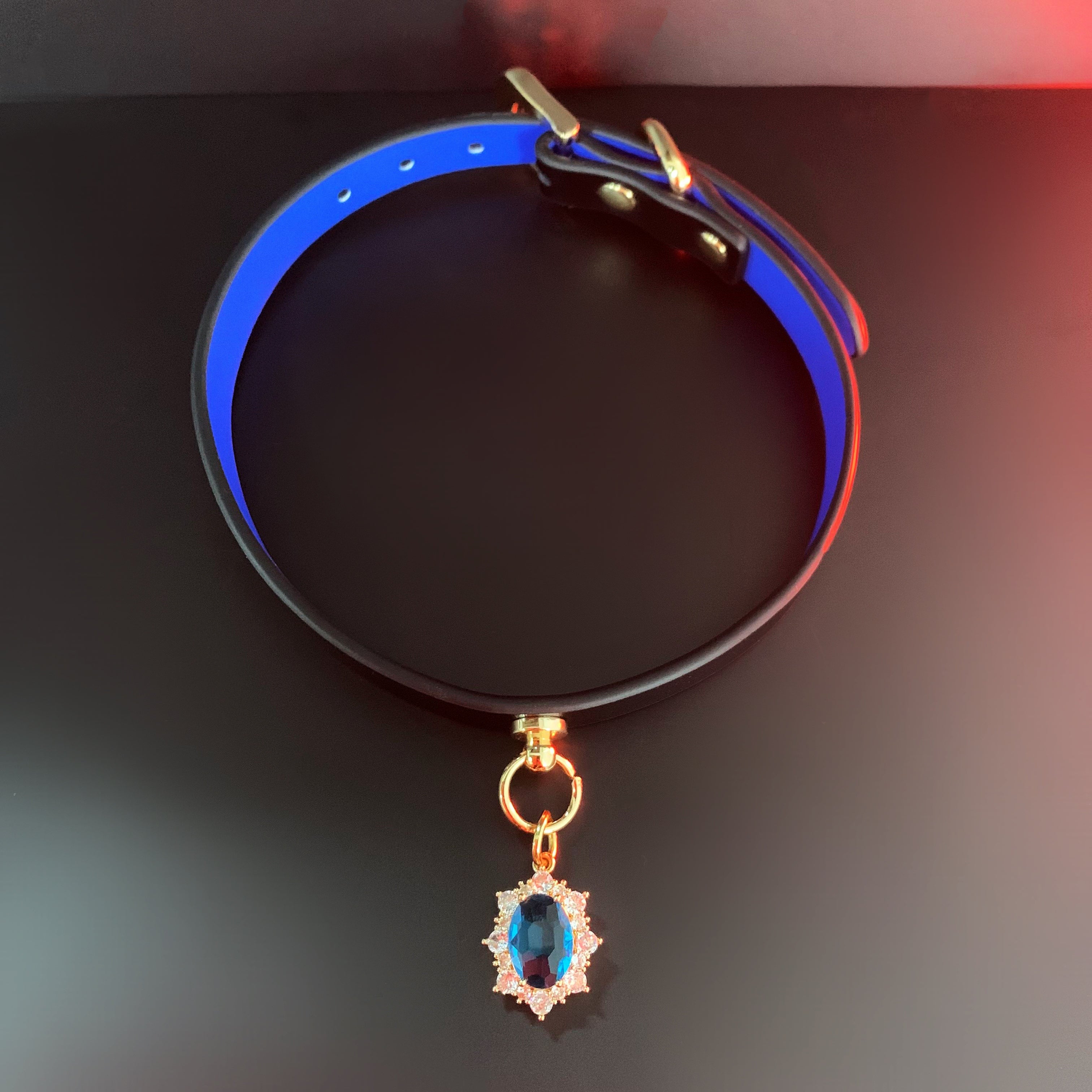 Black Blue Leather Choker & Gold Chain Leash Set