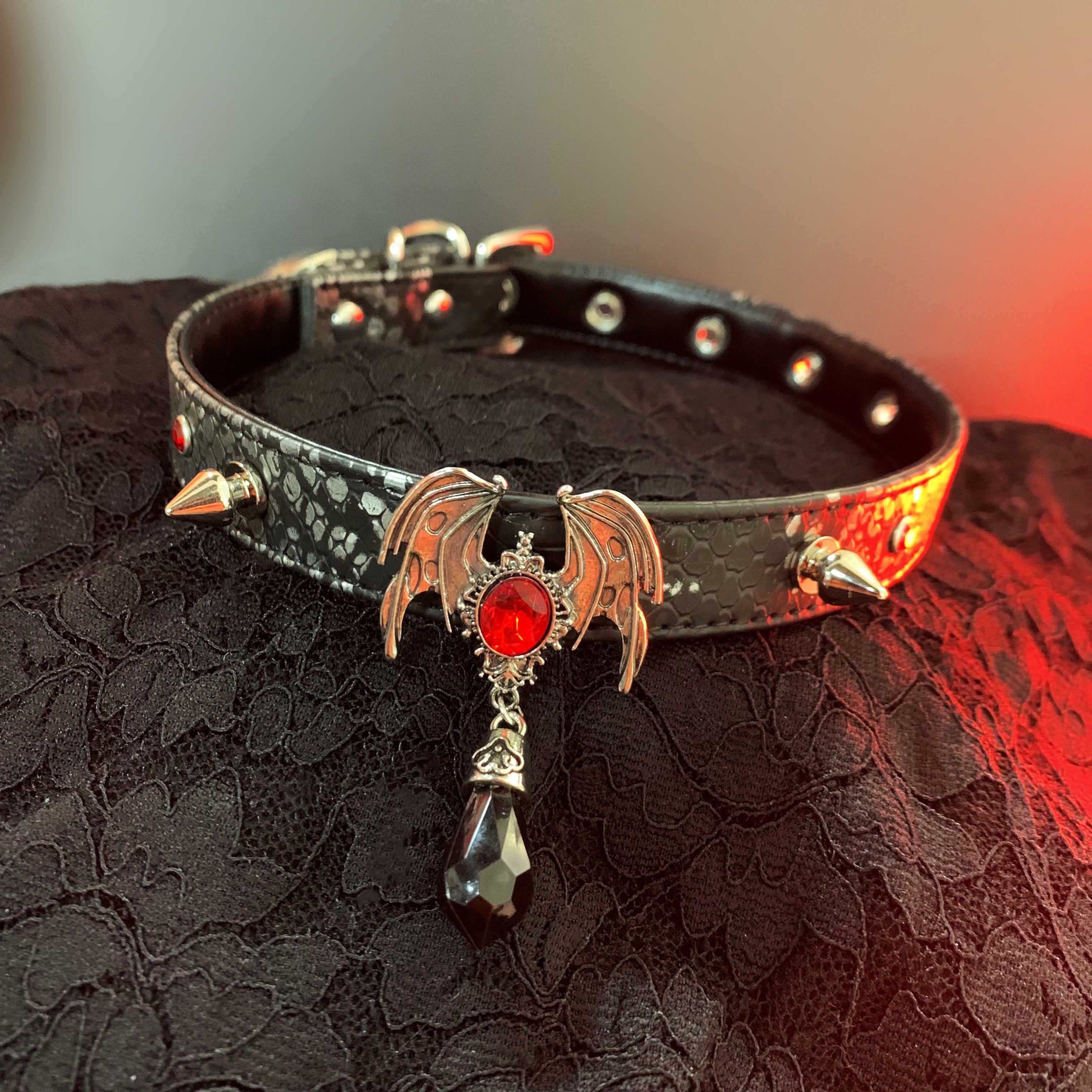 Dark Leather Choker with Bat Pendant