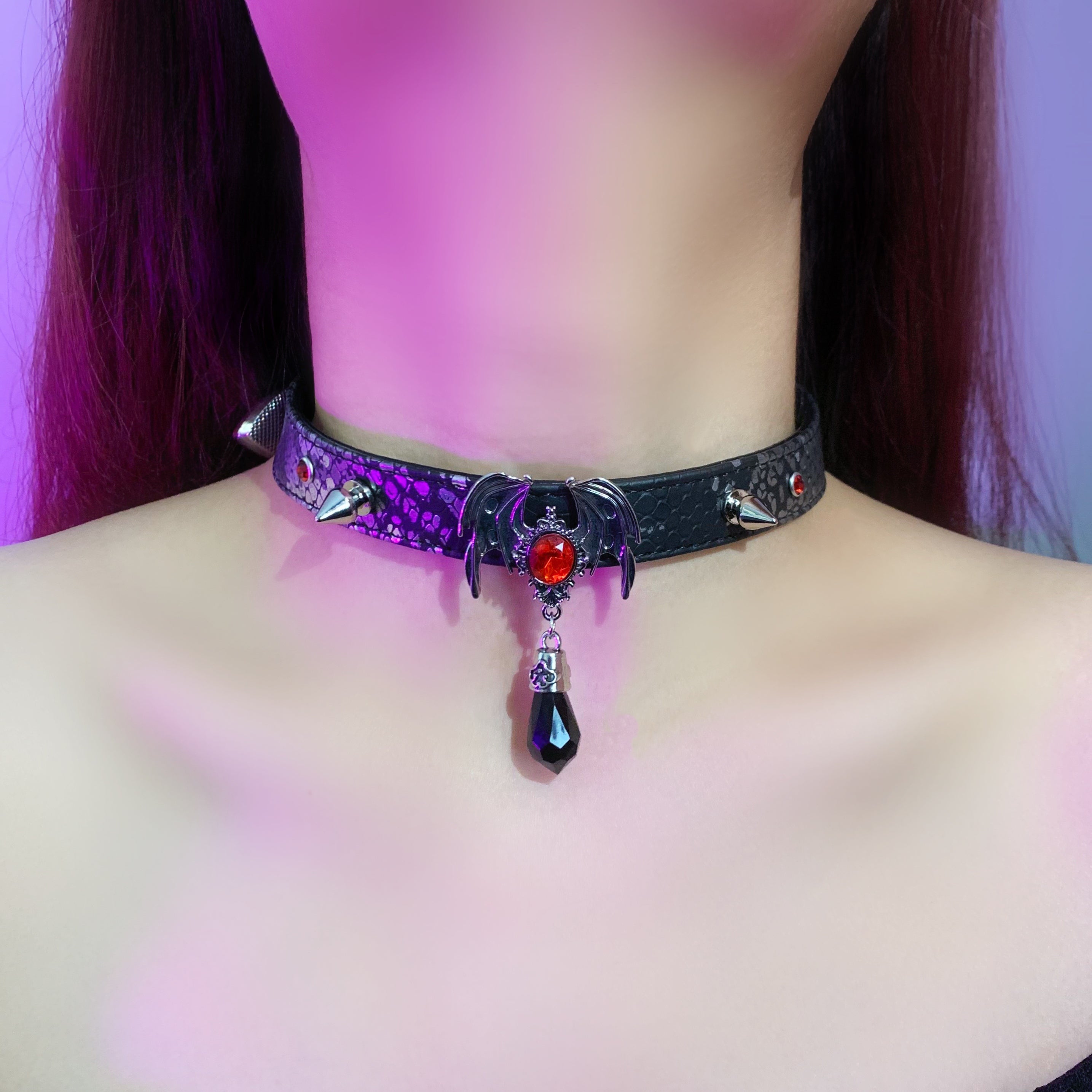 Dark Leather Choker with Bat Pendant