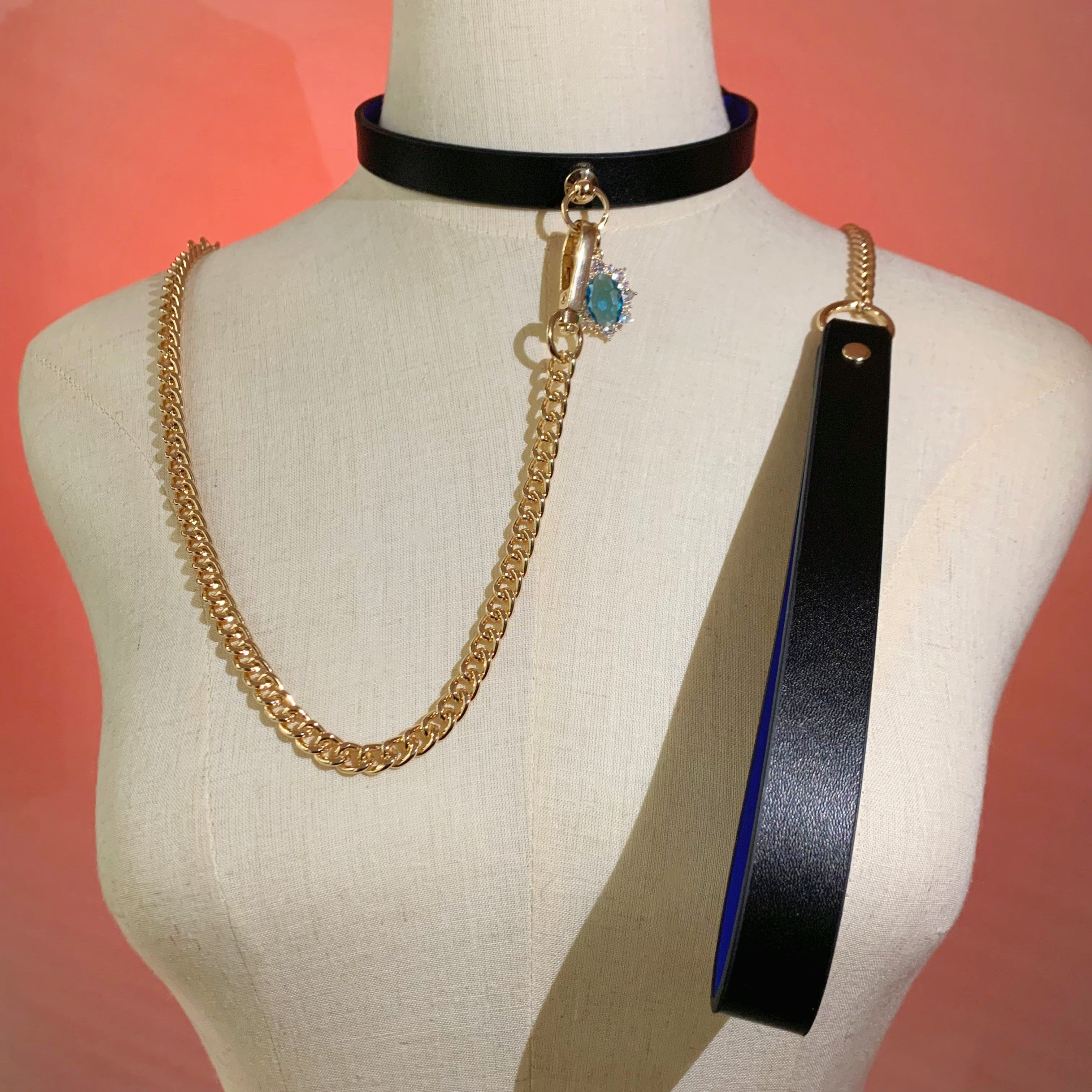 Black Blue Leather Choker & Gold Chain Leash Set