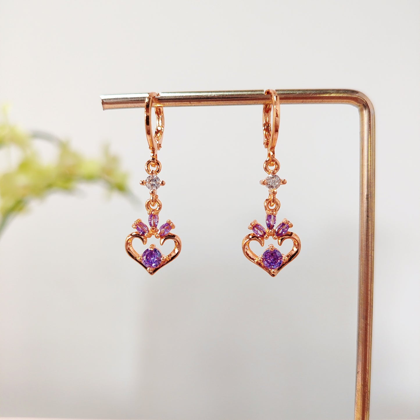 Gold Heart & Purple CZ Dangle Earrings | Dainty Romantic Earrings | Y2K Cute Jewelry Gift for Her | Minimalist Drop Earrings | Gift For Her