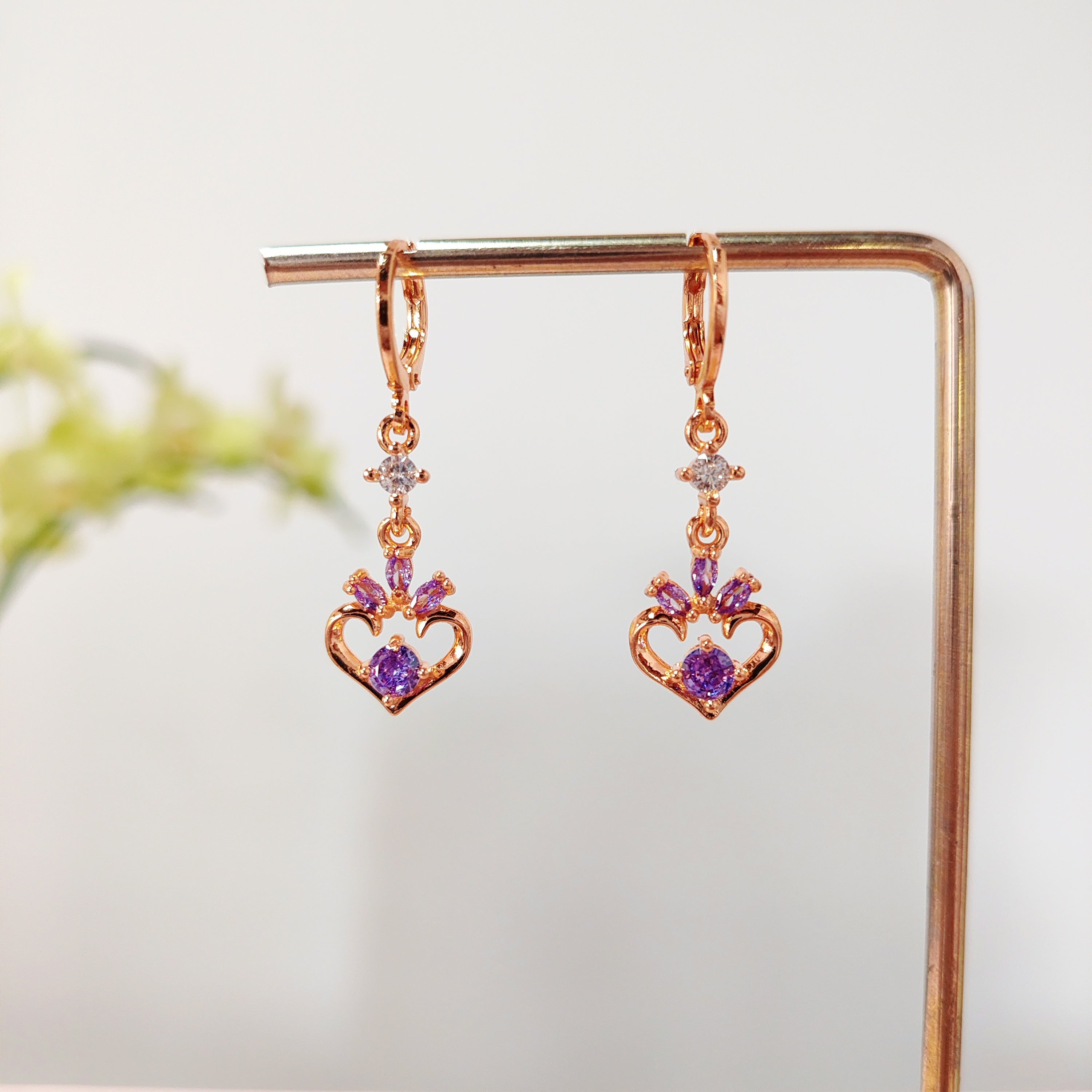 Gold Heart & Purple Crystal Earrings