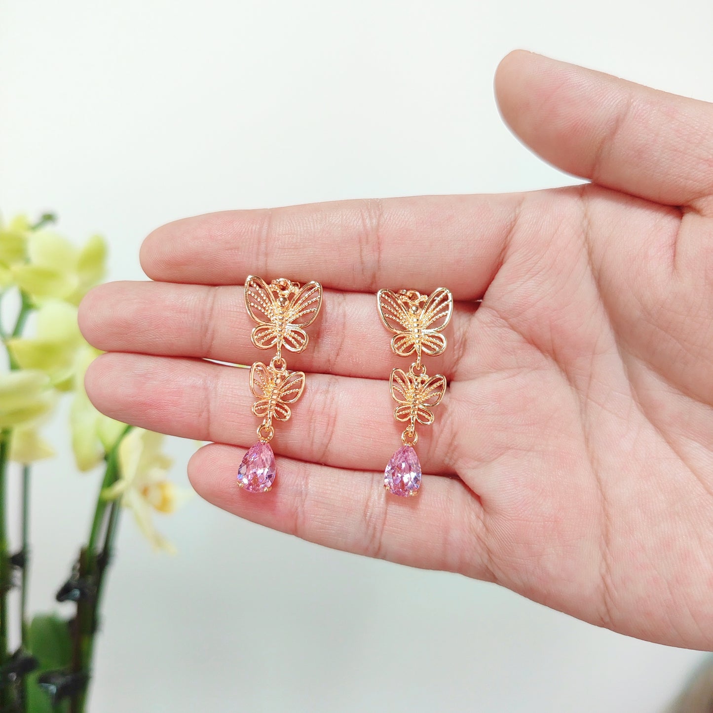 Gold Double Butterfly Drop Earrings | Pink CZ Teardrop Dangle Earrings| Fairycore Sparkling Jewelry |Gift for Her | Nature Inspired Earrings