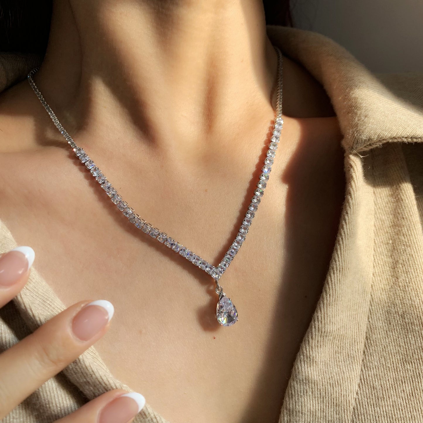 Crystal Necklace with Teardrop Pendant | Adjustable Delicate Statement Necklace | Gift for Her