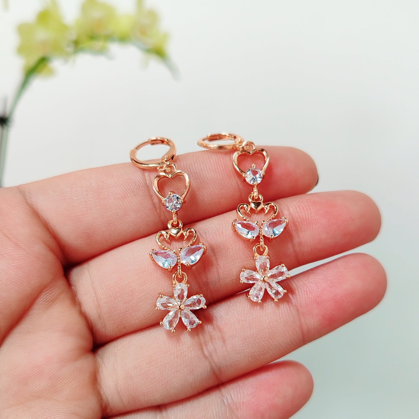 Heart & Flower Hoop Dangle Earrings | Sparkling CZ Drop Earrings | Elegant Romantic Floral Earrings | Bridal Wedding Earrings | Gift for Her