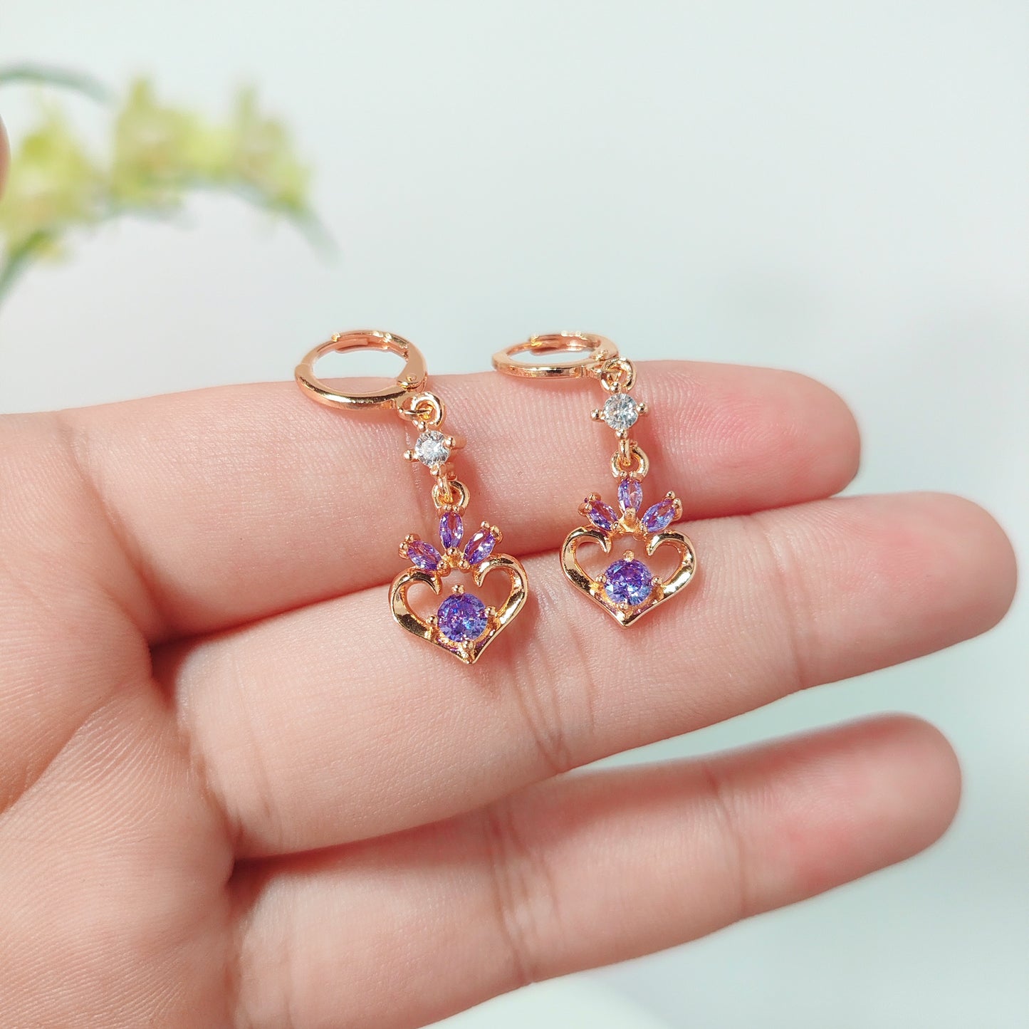 Gold Heart & Purple CZ Dangle Earrings | Dainty Romantic Earrings | Y2K Cute Jewelry Gift for Her | Minimalist Drop Earrings | Gift For Her