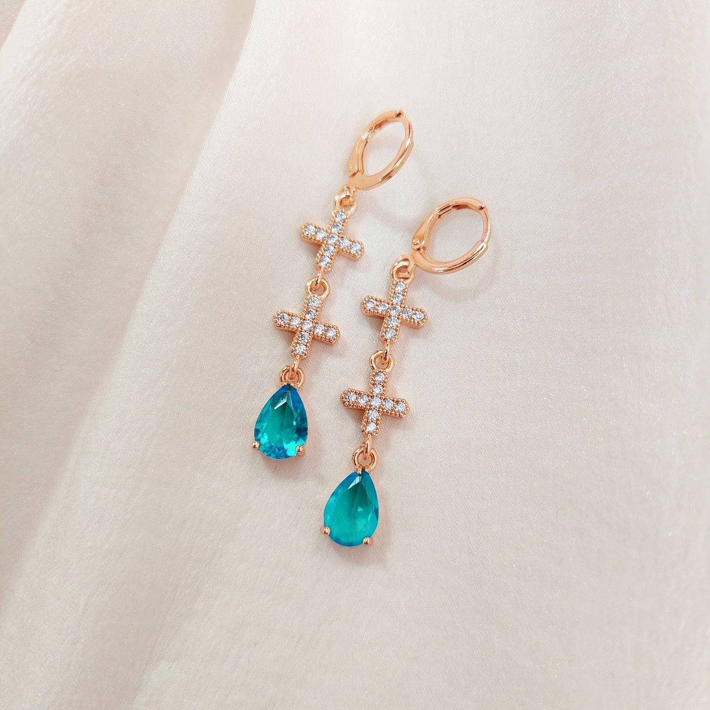 Cross Dangle Earrings with Blue Teardrop CZ | Long Drop Religious Earrings | Baptism Gift | Wedding Earrings | Statement Earrings for Her