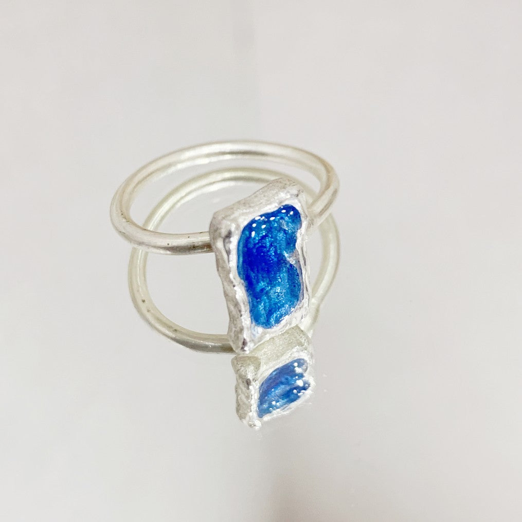 Blue Enamel Silver Ring Unisex & Adjustable Size