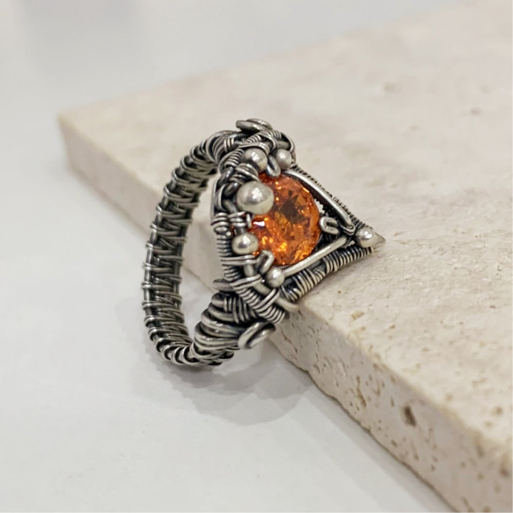 Orange Crystal Silver Ring