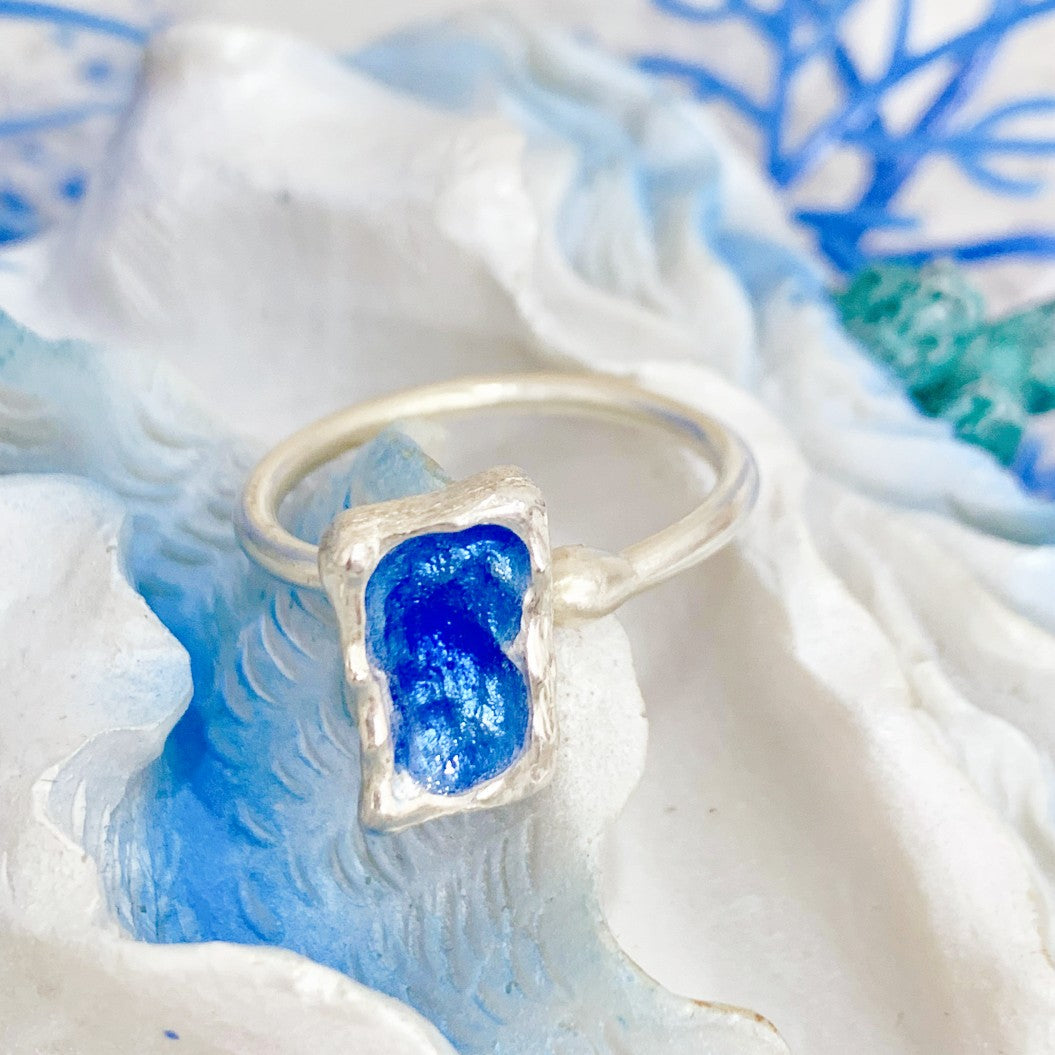 Blue Enamel Silver Ring Unisex & Adjustable Size