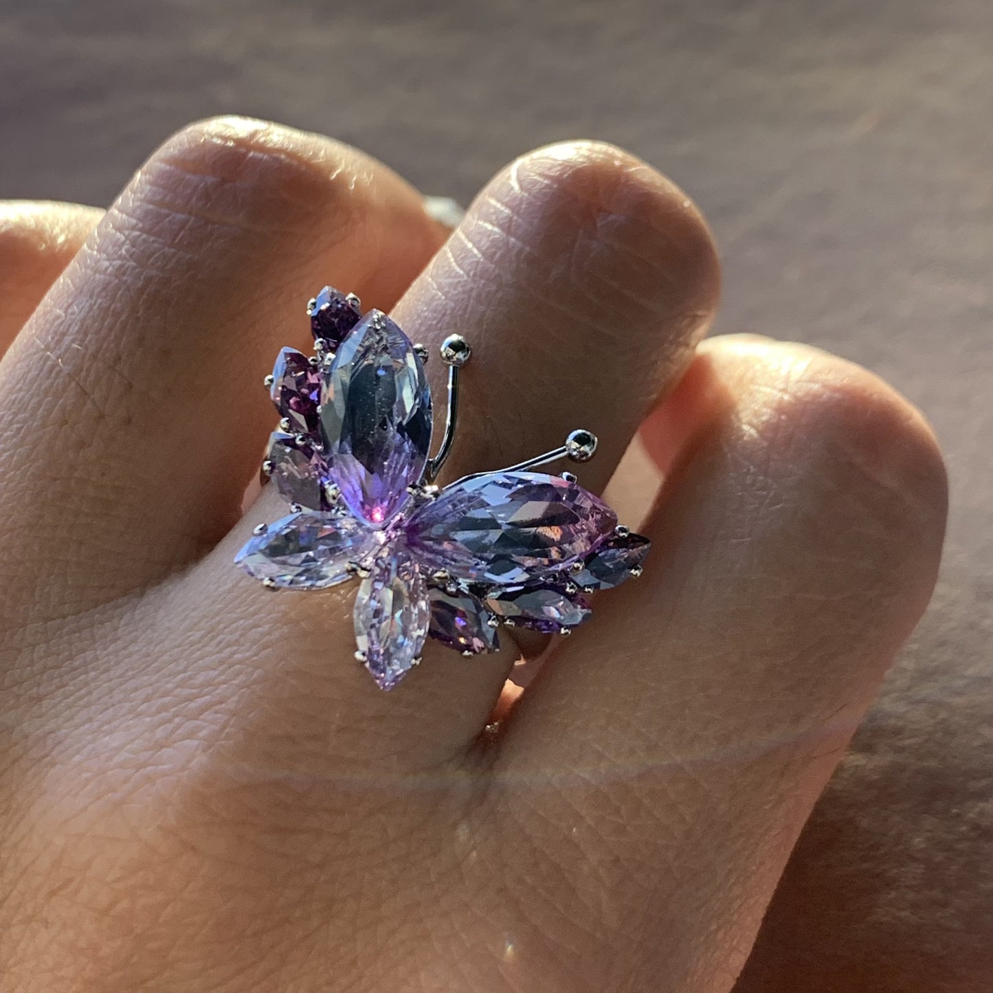 Butterfly Collection – Sparkling Purple Butterfly Ring, Exquisite Diamond Promise Ring, Crystal Butterfly Design, Adjustable Size, Perfect Gift for Her