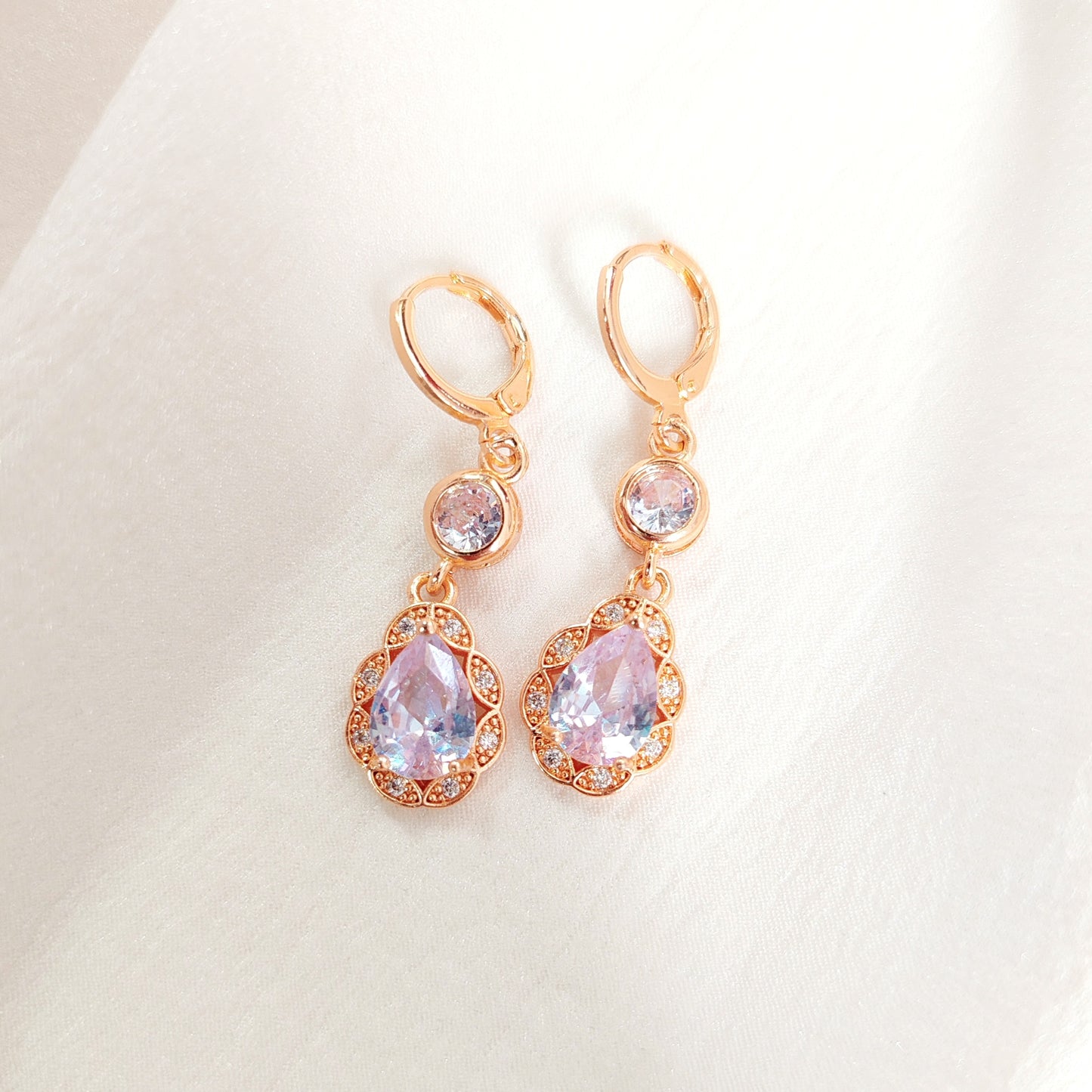 Sparkling Teardrop CZ Dangle Earrings|Gold Halo Drop Earrings| Bridal Wedding Jewelry|Bridesmaid Gift|Vintage Elegant Earrings |Gift for Her