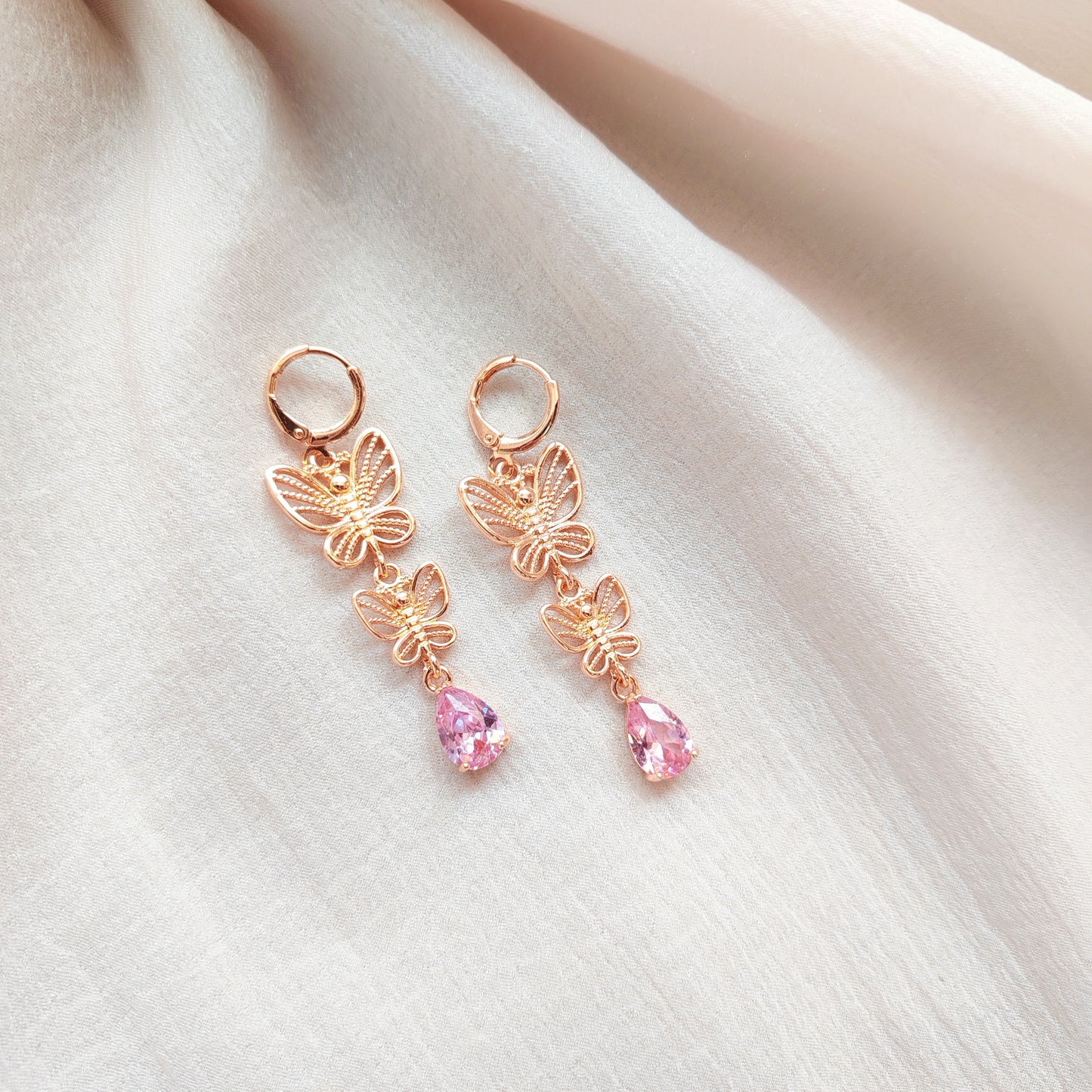 Gold Double Butterfly Drop Earrings | Pink CZ Teardrop Dangle Earrings| Fairycore Sparkling Jewelry |Gift for Her | Nature Inspired Earrings