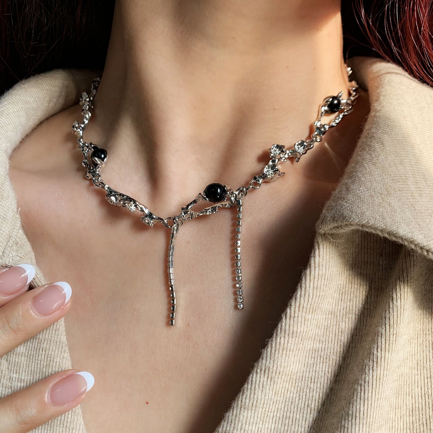 Dainty Punk Style with Black CZ Beads & Short Tassel Drops | Silver Gift For Her