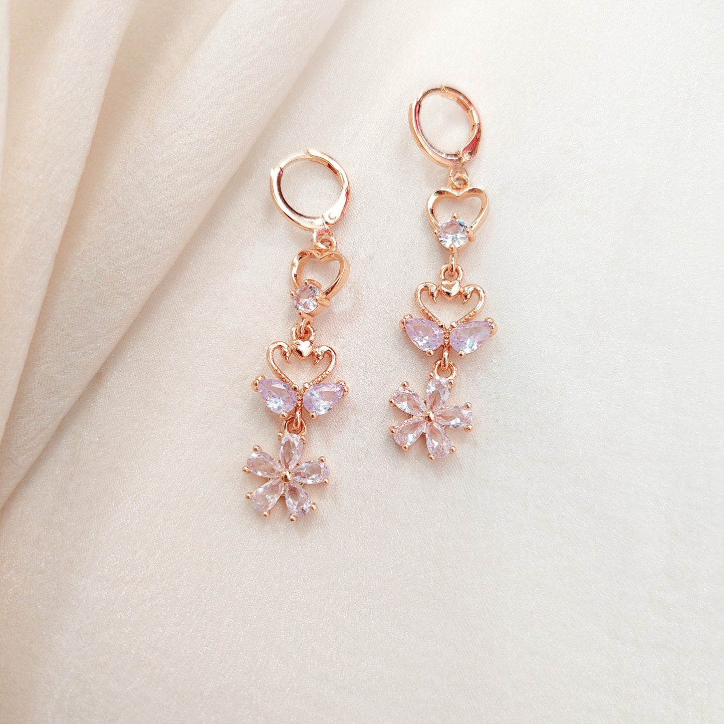 Heart & Flower Hoop Dangle Earrings | Sparkling CZ Drop Earrings | Elegant Romantic Floral Earrings | Bridal Wedding Earrings | Gift for Her