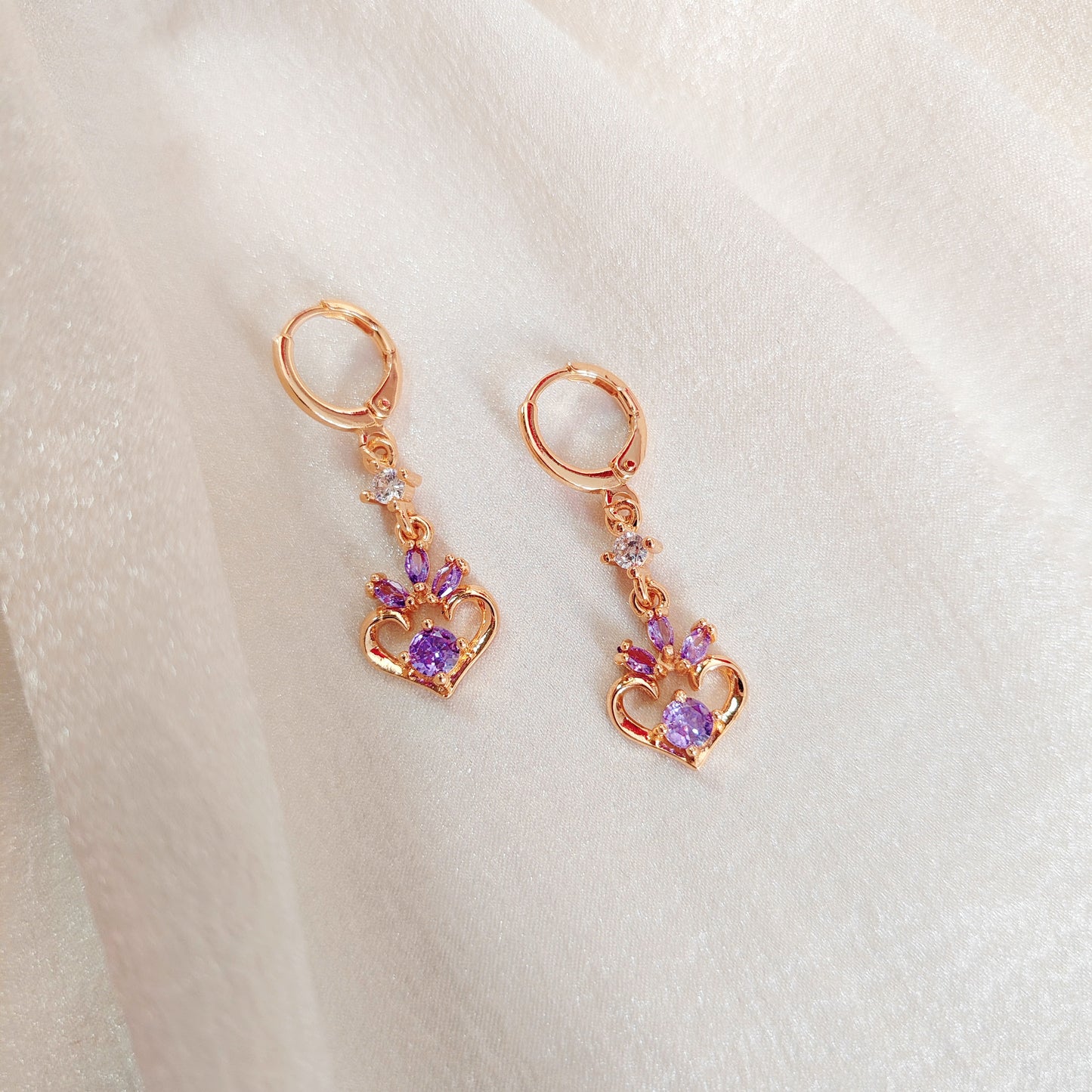 Gold Heart & Purple CZ Dangle Earrings | Dainty Romantic Earrings | Y2K Cute Jewelry Gift for Her | Minimalist Drop Earrings | Gift For Her