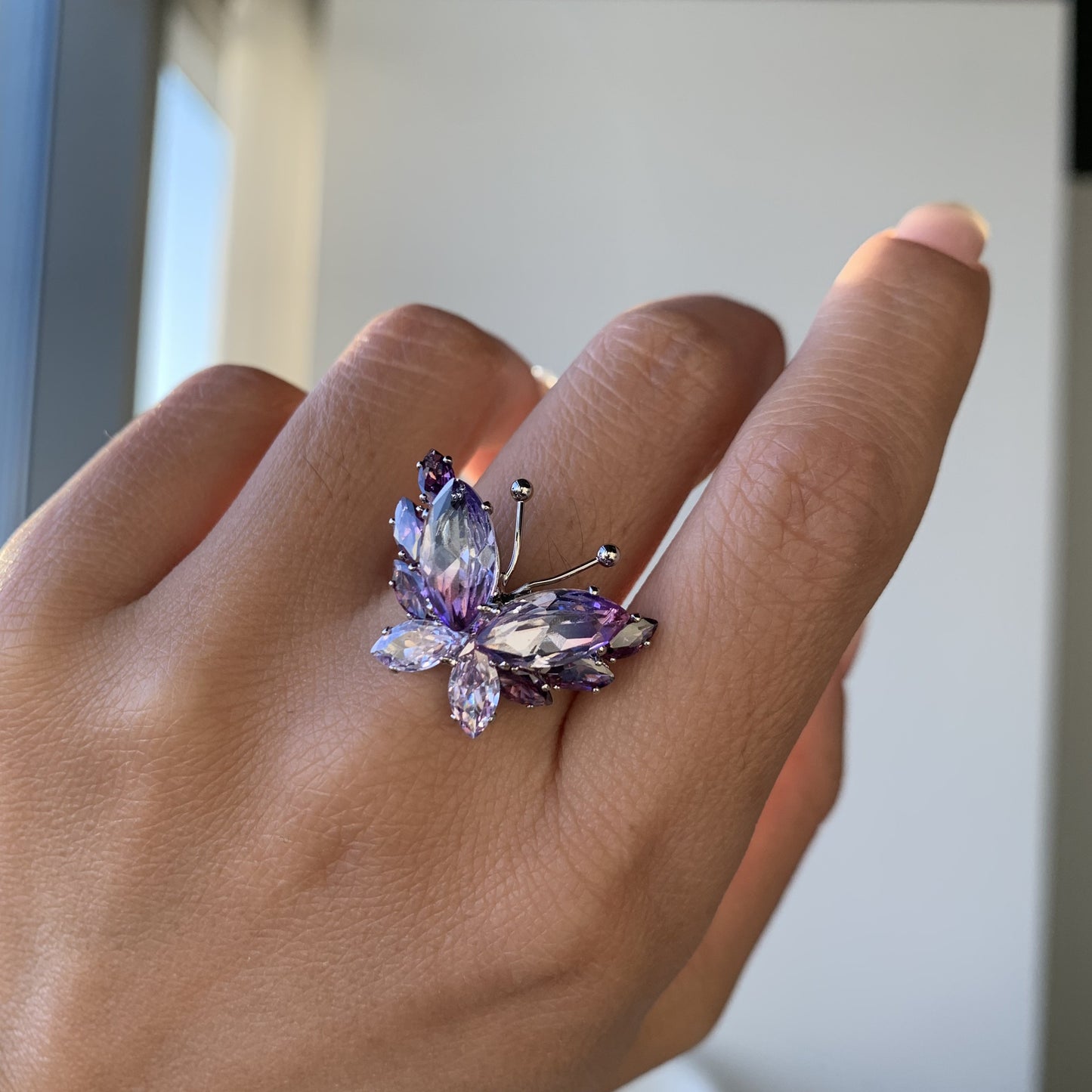 Butterfly Collection – Sparkling Purple Butterfly Ring, Exquisite Diamond Promise Ring, Crystal Butterfly Design, Adjustable Size, Perfect Gift for Her