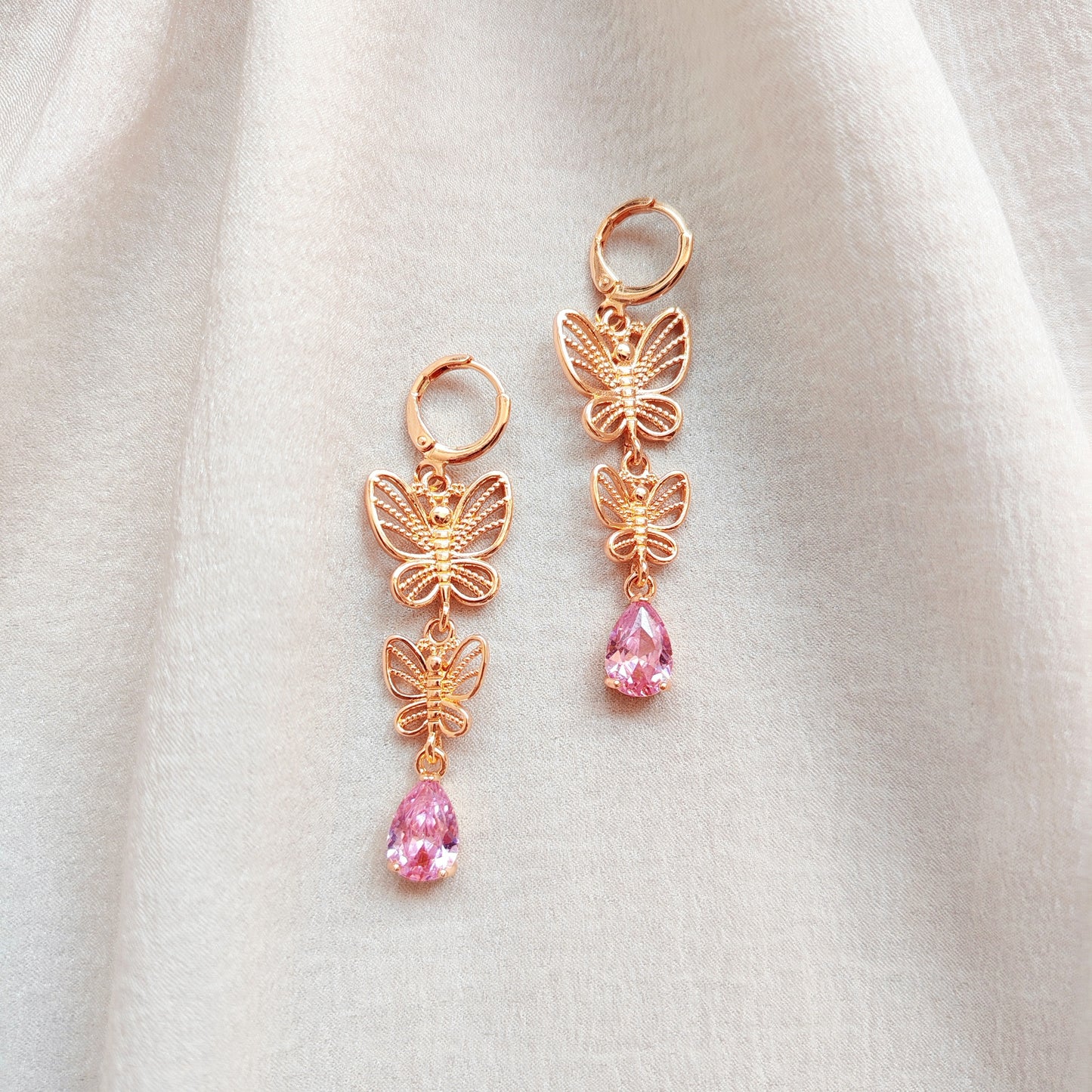 Gold Double Butterfly Drop Earrings | Pink CZ Teardrop Dangle Earrings| Fairycore Sparkling Jewelry |Gift for Her | Nature Inspired Earrings