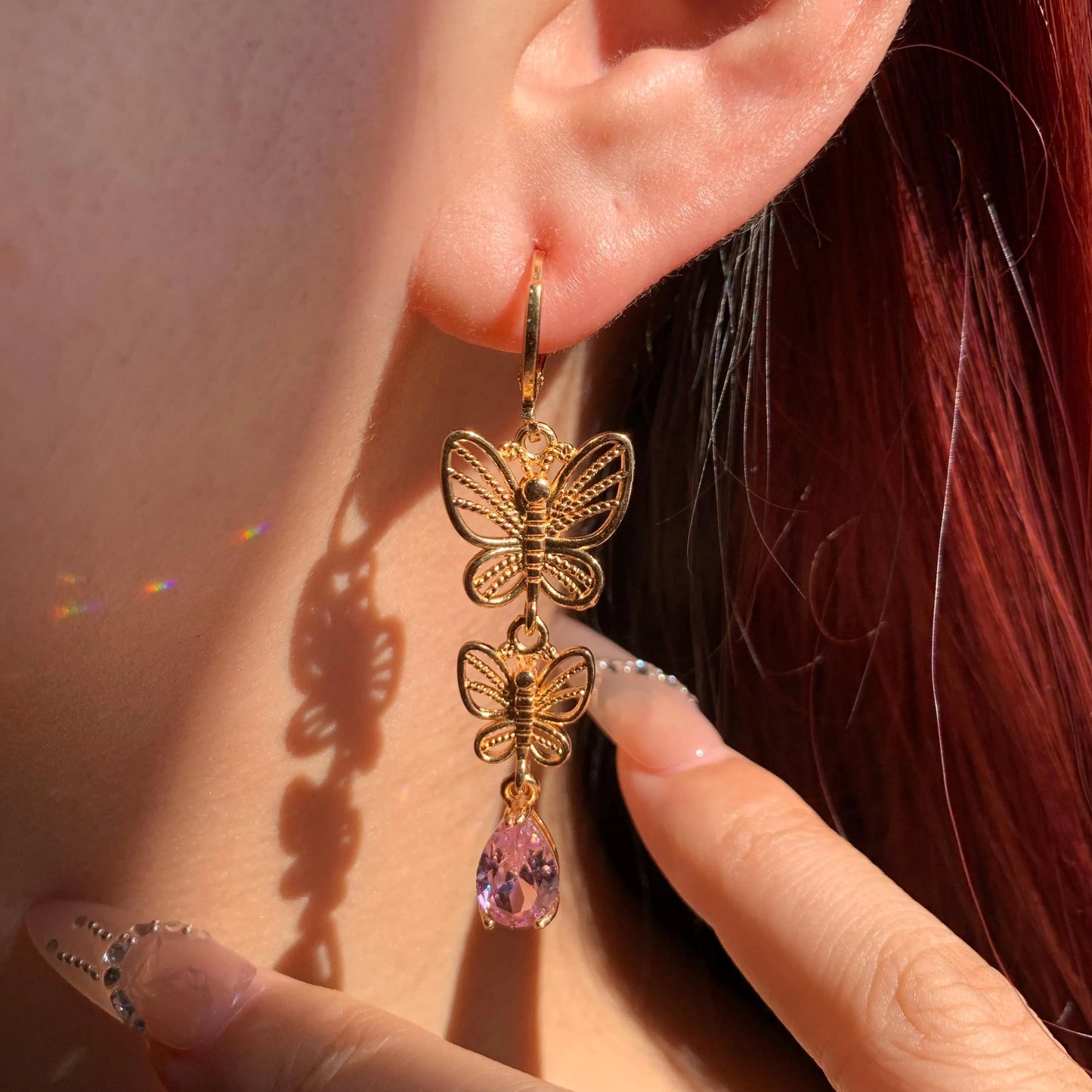 Gold Double Butterfly Drop Earrings | Pink CZ Teardrop Dangle Earrings| Fairycore Sparkling Jewelry |Gift for Her | Nature Inspired Earrings