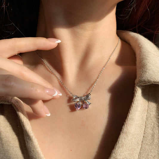 Dainty Bow Pendant Necklace | Small Crystal Ribbon Bow Necklace | Gift for Her