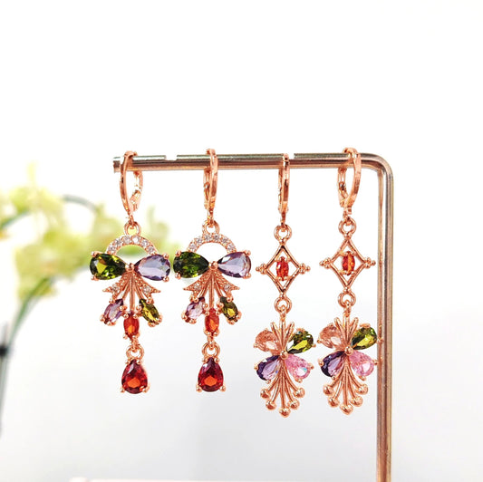 Rainbow CZ Cluster Hoop Earrings| Colorful Dangle Earrings | Butterfly & Flower Inspired Earrings | Sparkling Fairycore Vintage|Gift for Her