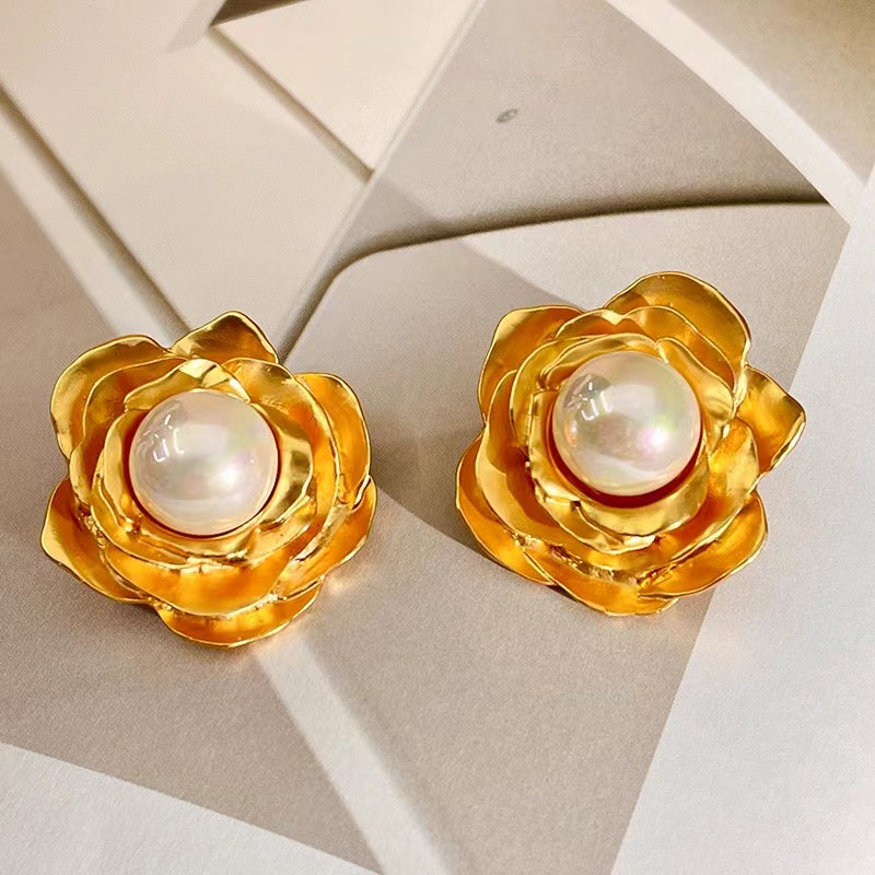 Multilayered Rose Pearl Stud Earrings