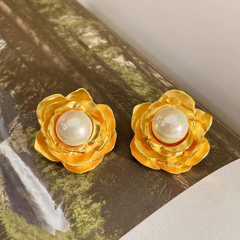 Multilayered Rose Pearl Stud Earrings