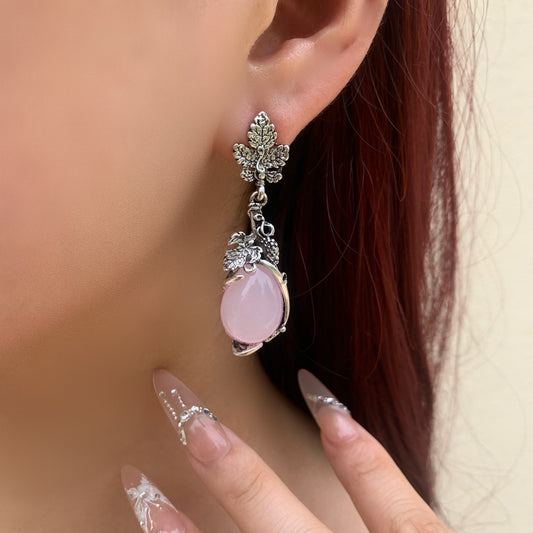 Rose Pink Drop Earrings | Silver Leaf Dangle Earrings | Boho Vintage Handmade Jewelry | Nature Inspired Earrings| Gift for Her