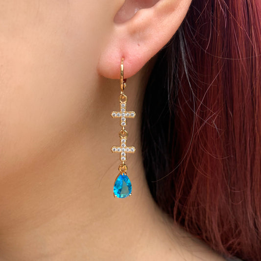 Cross Dangle Earrings with Blue Teardrop CZ | Long Drop Religious Earrings | Baptism Gift | Wedding Earrings | Statement Earrings for Her