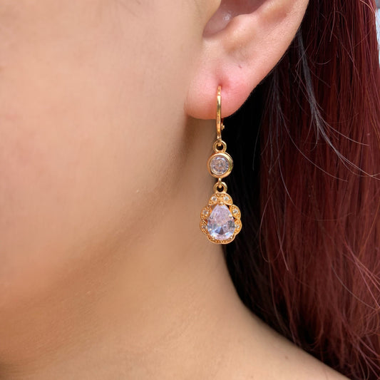 Sparkling Teardrop CZ Dangle Earrings|Gold Halo Drop Earrings| Bridal Wedding Jewelry|Bridesmaid Gift|Vintage Elegant Earrings |Gift for Her