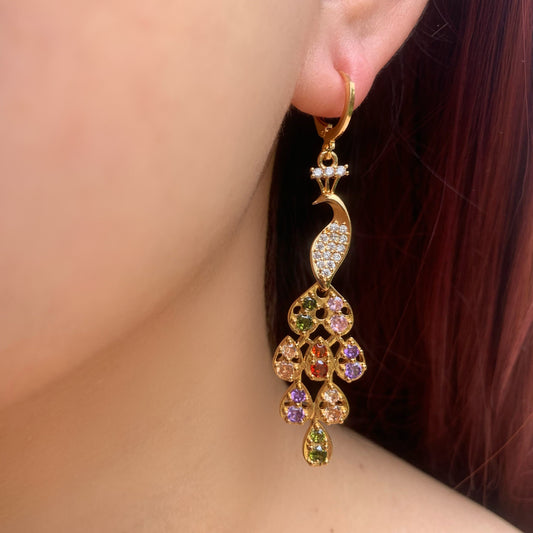Peacock Drop Earrings | Colorful Chandelier Earrings | Dangle Earrings | Vintage Statement Jewelry| Rainbow Gemstone Earrings | Gift for Her