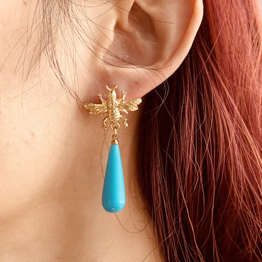 Bee Collection - Gold Bee Earrings | Blue Waterdrop Earrings | Boho Dangle Bee Earrings | Dainty Bumble Bee Earrings | Cute Honey Bee Earrings | Gift for Her