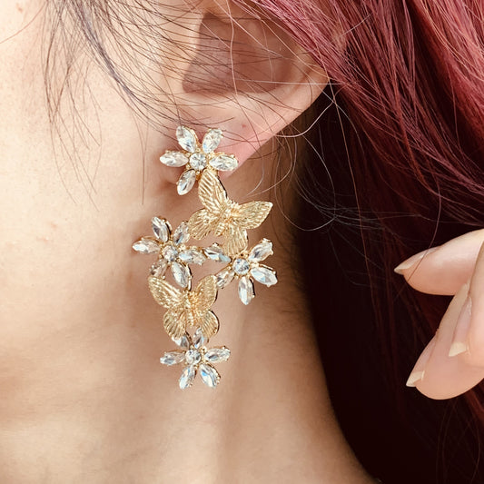 Handmade Butterfly & Flower Dangle Earrings | Rhinestone Floral Drop Earrings | Elegant Long Earrings | Bridesmaid Earrings | Gift for Her
