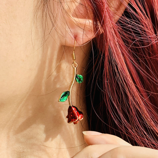 Blooming Rose Drop Earrings | Red Floral Botanical Dangle Earrings with Green Leaves | Romantic Nature Inspired Jewelry | Gift for Her