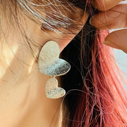 Layered Double Heart Earrings | Glitter Matte Silver Drop Earrings That Flutter Like Butterfly Wings | Dainty Minimalist | Gift for Her